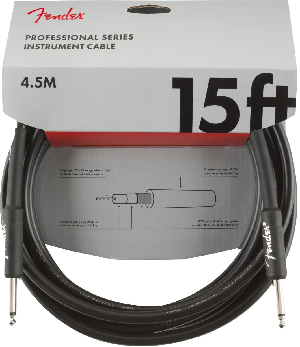 Fender Professional Series Instrument Cable, Guitar Cable, Guitar Accessories, Straight/Straight, Black, 15ft
