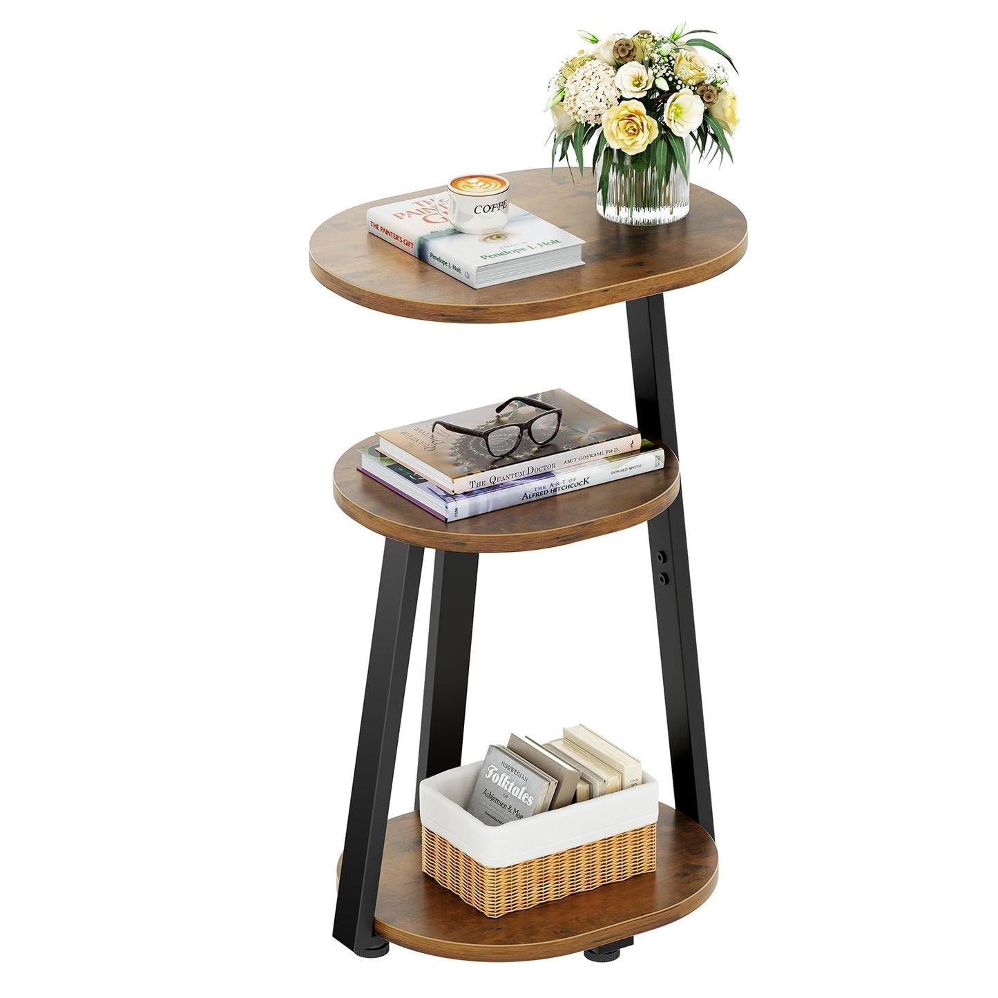 Kalrin Side Table, Small End Table with Metal Frame, 3-Tier Bedside Table, Round Side Table for Living Room Bedroom Couch Bathroom, Oval, Vintage Brown