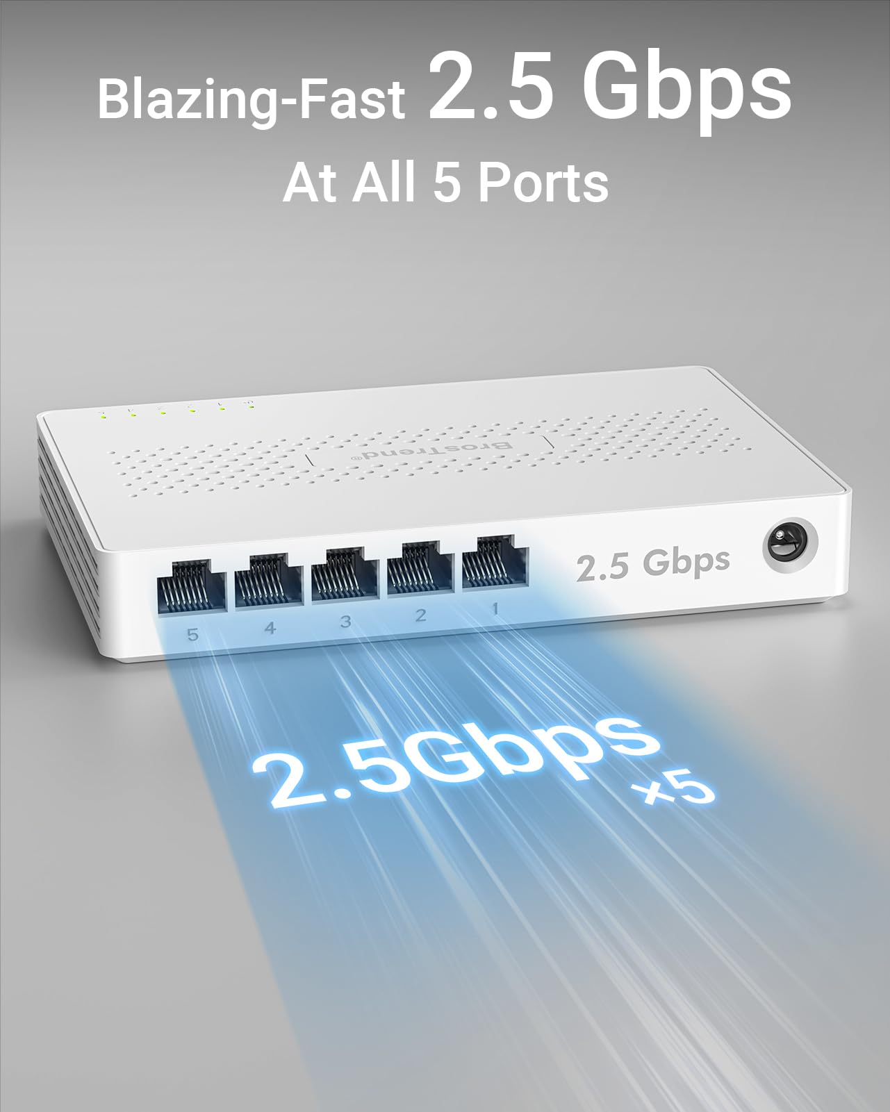BrosTrend 5 Port 2.5Gb Ethernet Switch, Multi-Gigabit Unmanaged Network Switch for Gaming, NAS, PC, 2.5G Ethernet Splitter Hub, Plug & Play, Fanless Design, Desktop / Wall-Mount, Lifetime Protection