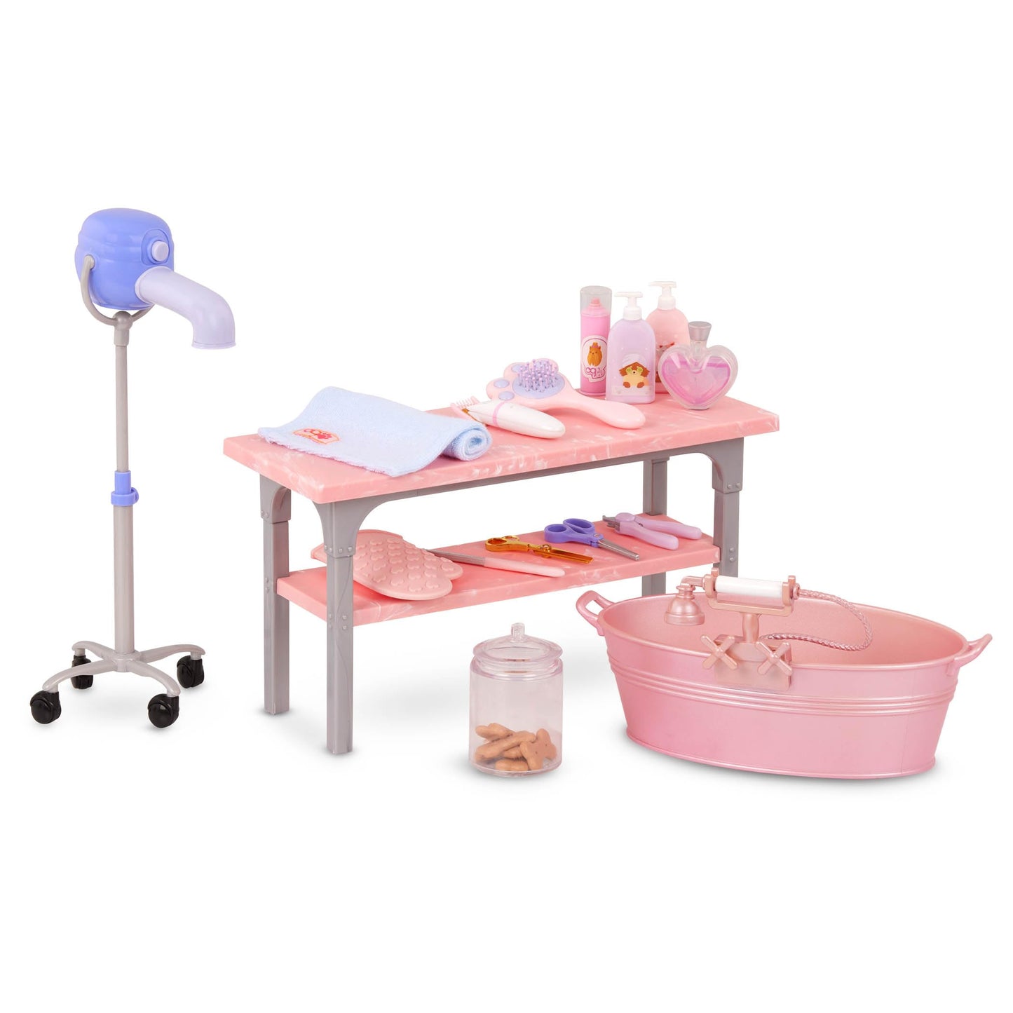 Our Generation – 18-inch Doll Accessories – Bathtub & Pet Care Toys – Salon Table, Apron & Hair Dryer – Pretend Play – Kids Ages 3 Years & Older – Scrub & Style Pet Grooming Set