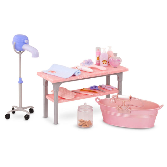 Our Generation – 18-inch Doll Accessories – Bathtub & Pet Care Toys – Salon Table, Apron & Hair Dryer – Pretend Play – Kids Ages 3 Years & Older – Scrub & Style Pet Grooming Set