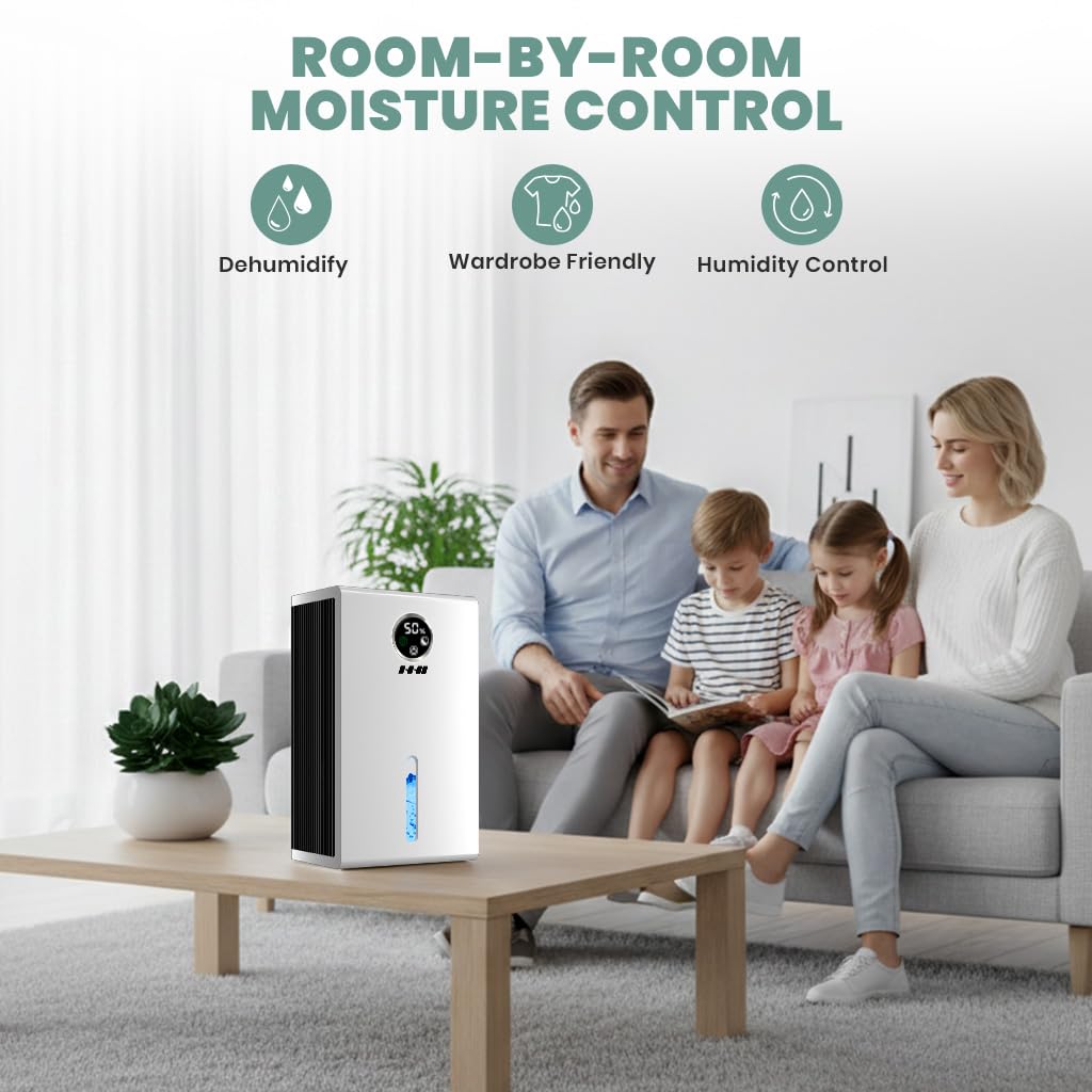 HHI Dehumidifier for Home, 65 Oz Capacity, Coverage Area 350 Sq. Ft, Auto Shut Off Function, Ultra Quiet Small Dehumidifier for Bathroom, Closet and Small Room, 7 Color LED Lights, 2L(White)