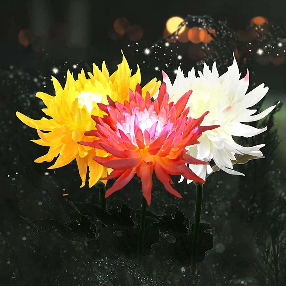 Kordain Outdoor Solar Garden Stake Lights, 3 Pack Chrysanthemum Flower Waterproof LED Decorative Powered Lights for Pathway Walkway Lawn Yard Cemetery (Yellow, Red, White)