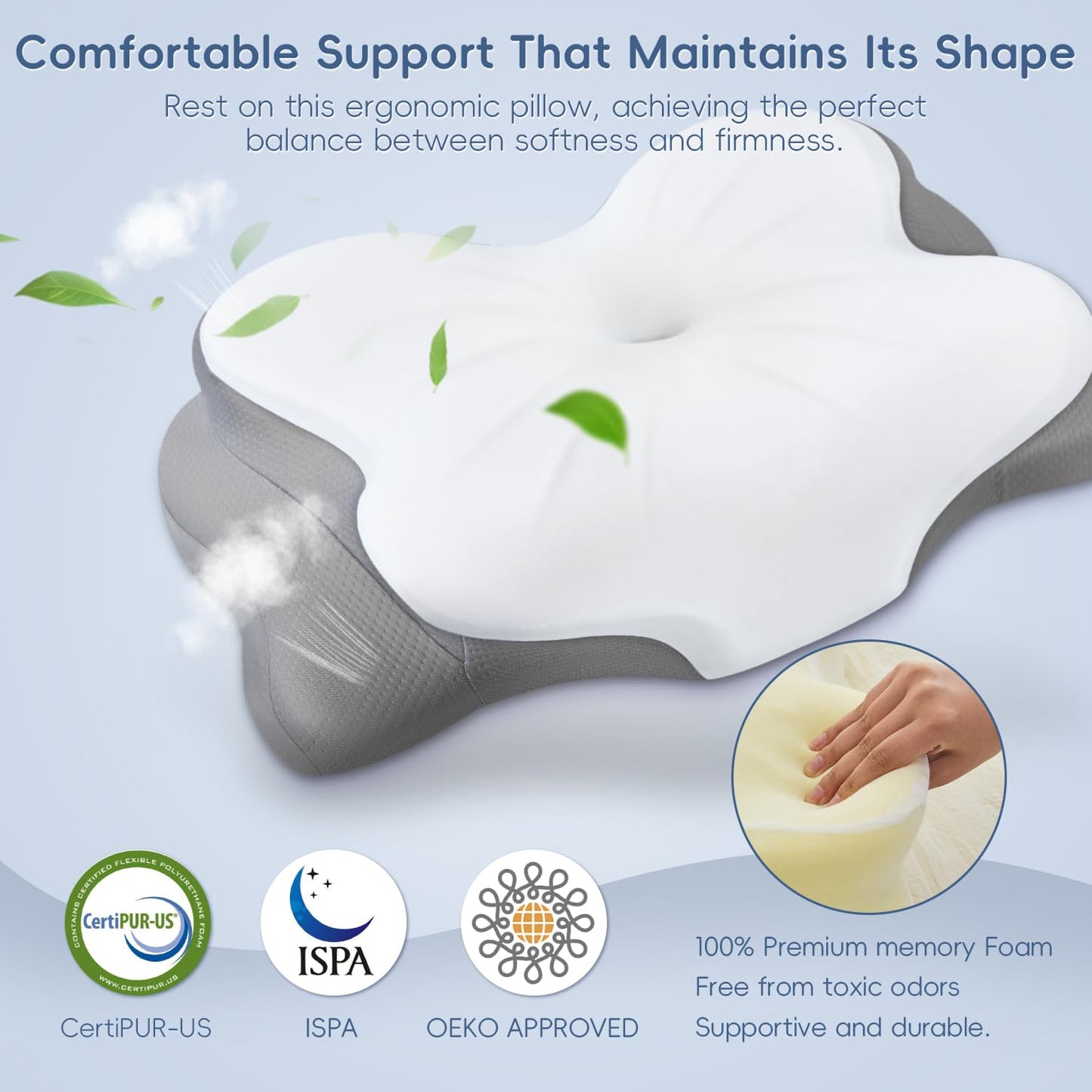 SNUGUP Ergonomic Cervical Neck Pillow, Memory Foam Neck Support Pillow with Contoured Design, Breathable Removable Pillowcase, for Side Back Stomach Sleepers, White