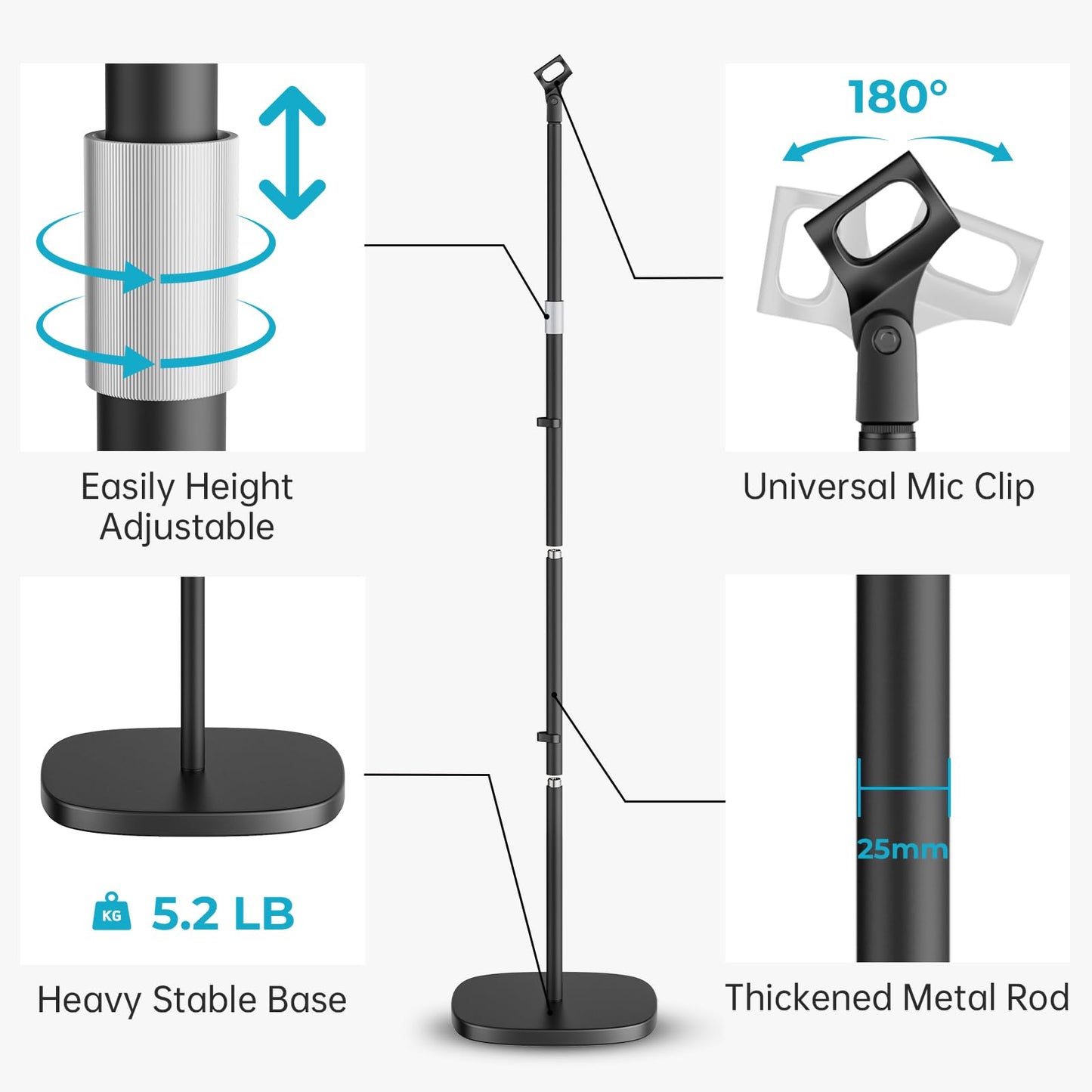 POLESTO Microphone Stand, Universal Detachable Mic Floor Stand with Compact Weighted Base, Height Adjustable From 22’’ to 67’’, 2 Universal Mic Clips for Blue Yeti/Shure SM7B/Samson Q2U and More