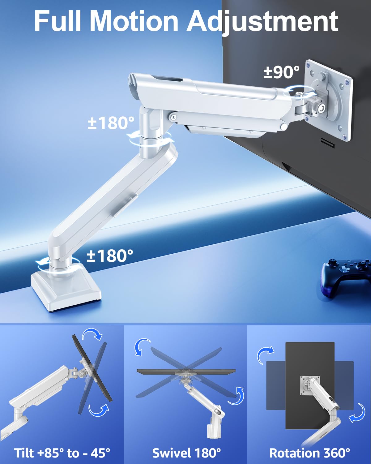 Single Monitor Mount for 13-32 inch Screen, Gas Spring Arm, Gaming & Home Office Use, VESA 75x75mm & 100x100mm, Freelift Pro White