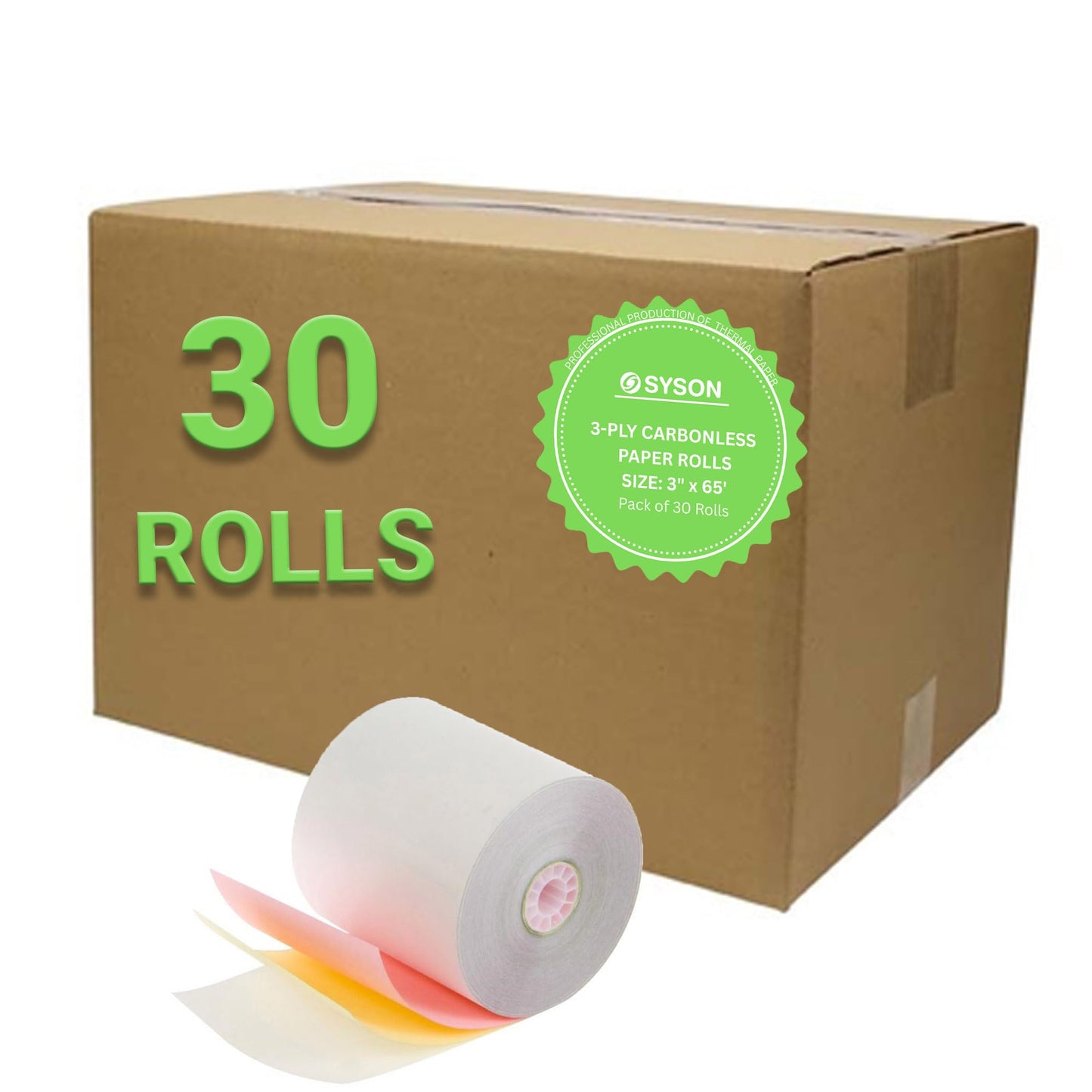 (30 Rolls) 3 Ply Carbonless Rolls 3" x 65 Feet White/Canary/Pink Receipt Paper POS Cash Register