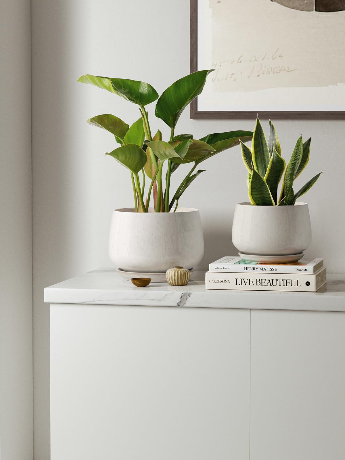 LE TAUCI Plant Pots for Indoor Plants, Set of 3, 4+5+6.5 Inch Ceramic Plant Pots with Drainage Hole & Saucer, Indoor Flower Pot with Mesh Pad, Pot Plante Interieur, Reactive Glaze Beige