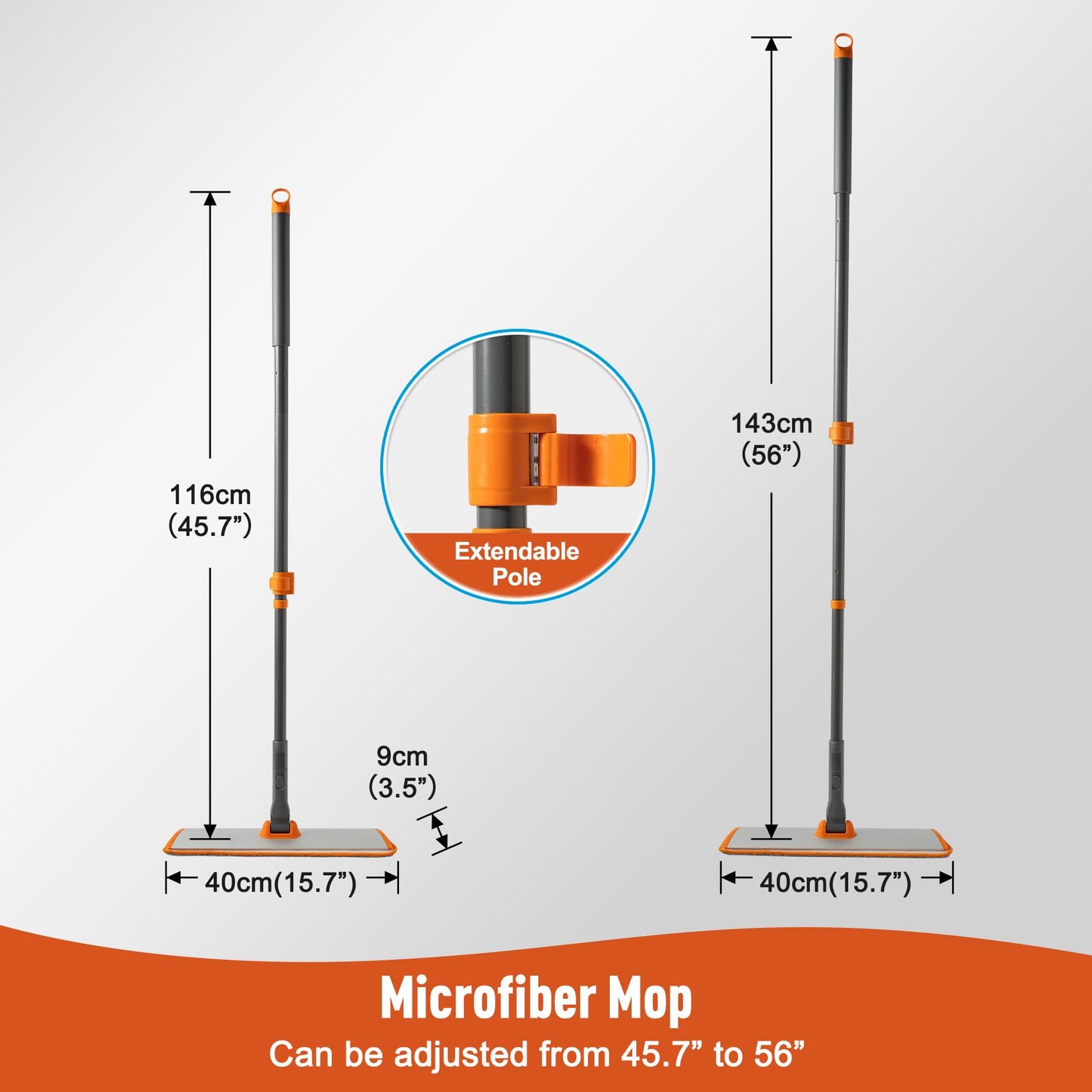 CLEANHOME Microfiber Mop Floor Dust Mop with Extendable Long Handle, Flat Mop with 4 Reusable Pads and 1 Dirt Removal Scrubber, Suitable for Home Kitchen Bathroom Living Room Cleaning