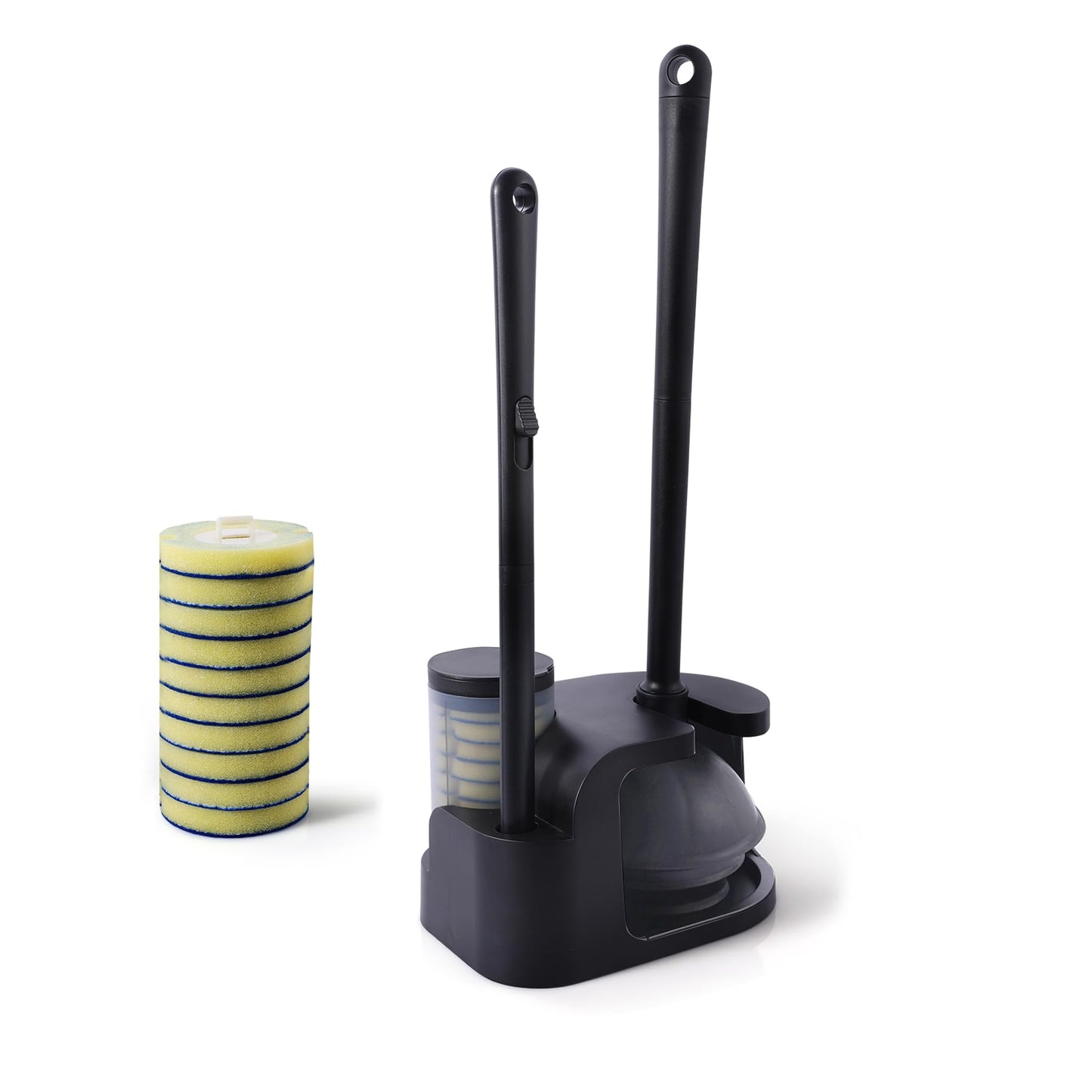 Eyliden Disposable Toilet Brush and Plunger Combo | 2-in-1 Toilet Bowl Wand Kit - 10 Count Pre-Soaked Refill Heads, 3-Step Plunger, Storage Holder - Compact Toilet Cleaning System, Black