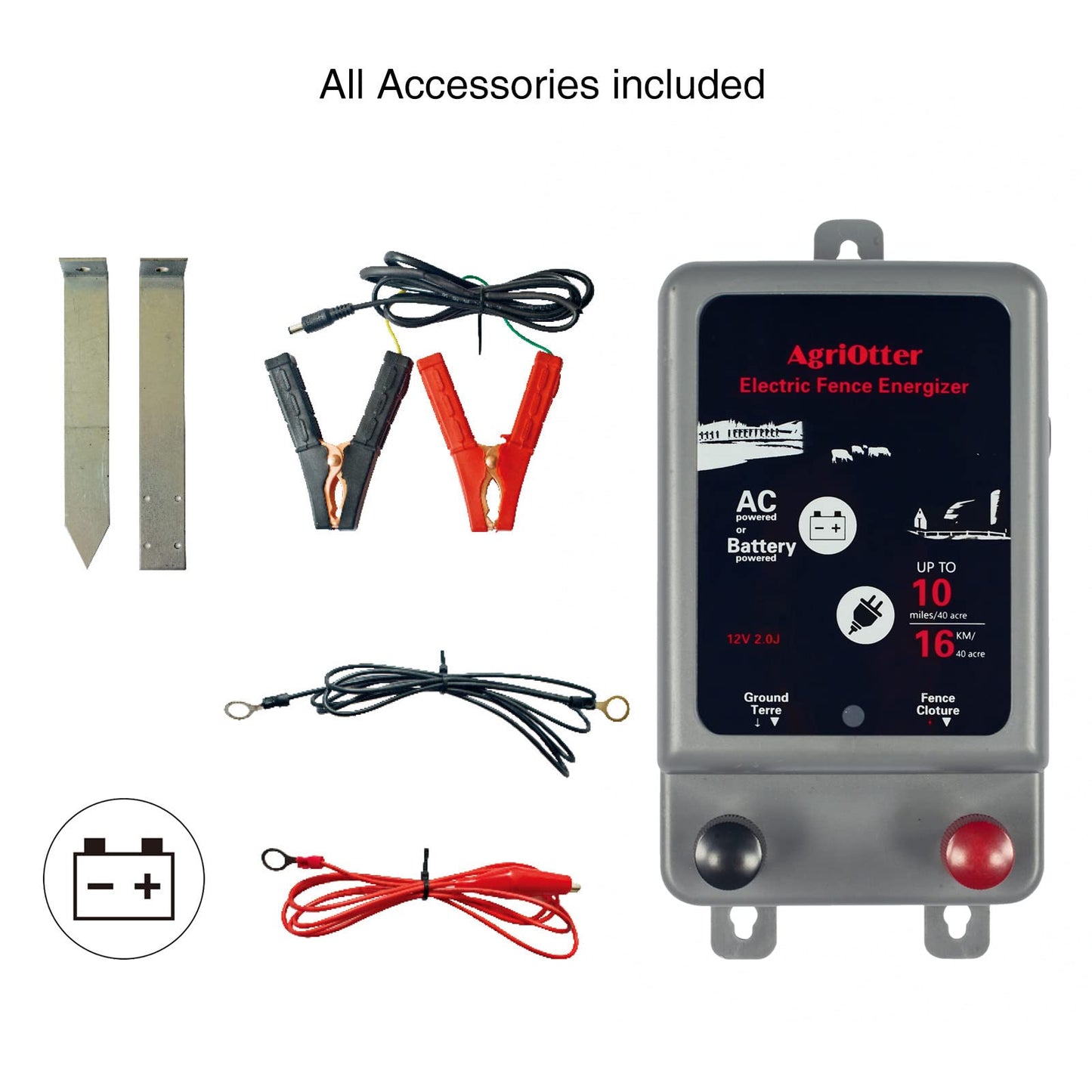 AgriOtter Electric Fence Energizer 40 Acre 2 in 1 Powered by Battery or AC Outlet 12000V 2J Pulse Electric