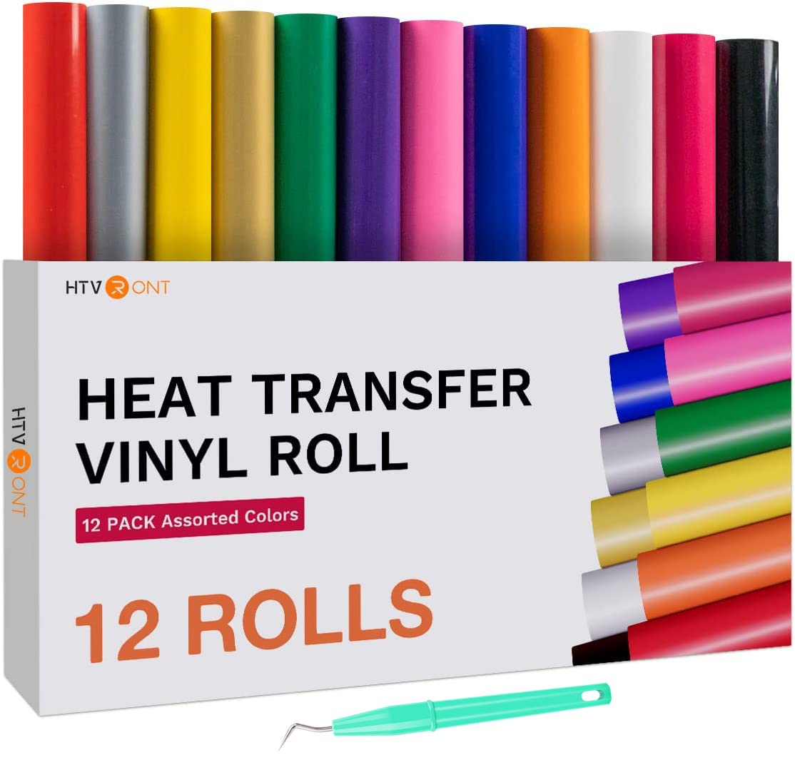 HTVRONT HTV Heat Transfer Vinyl Bundle (12 Pack) - 12" x 5FT HTV Vinyl Rolls, Easy to Cut Iron on Vinyl for All Cutting Machines, Easy to Weed Heat Transfer Vinyl