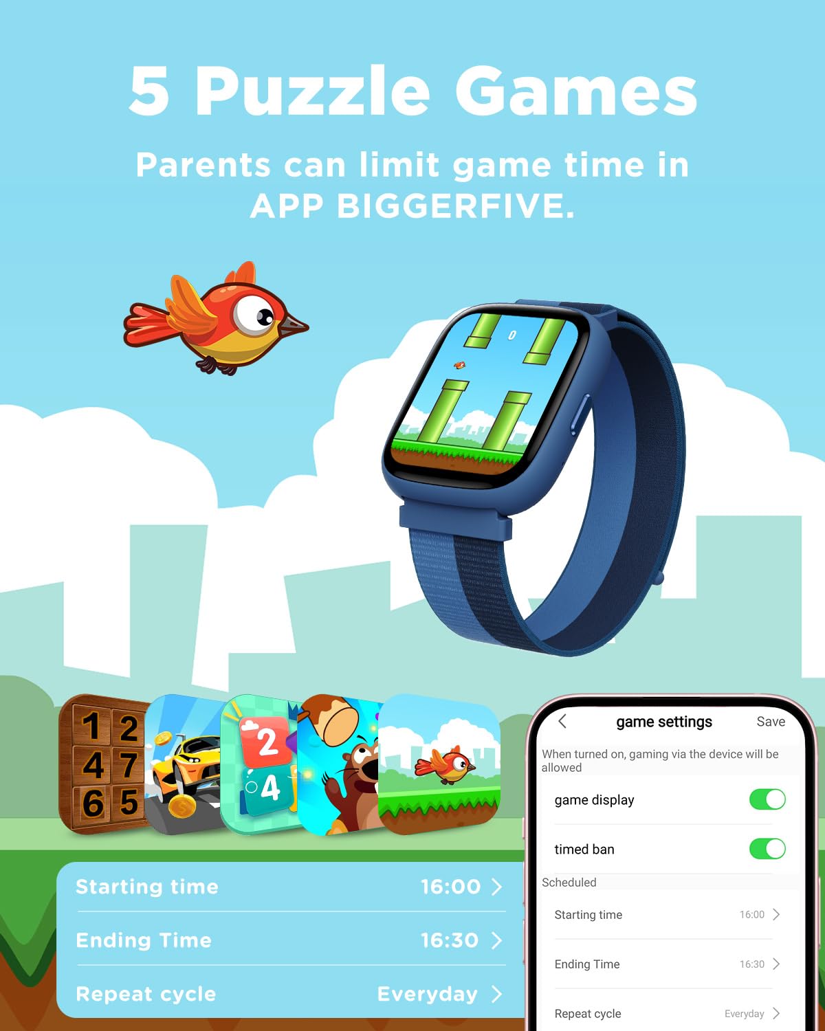 BIGGERFIVE Smart Watch for Kids, 1.8" Fitness Tracker Watch Pedometer, Heart Rate, IP68 Waterproof, Sleep Monitor, Calorie Step Counter, Puzzle Games with/Without APP for Girls Boys Teens 5-16, Nylon