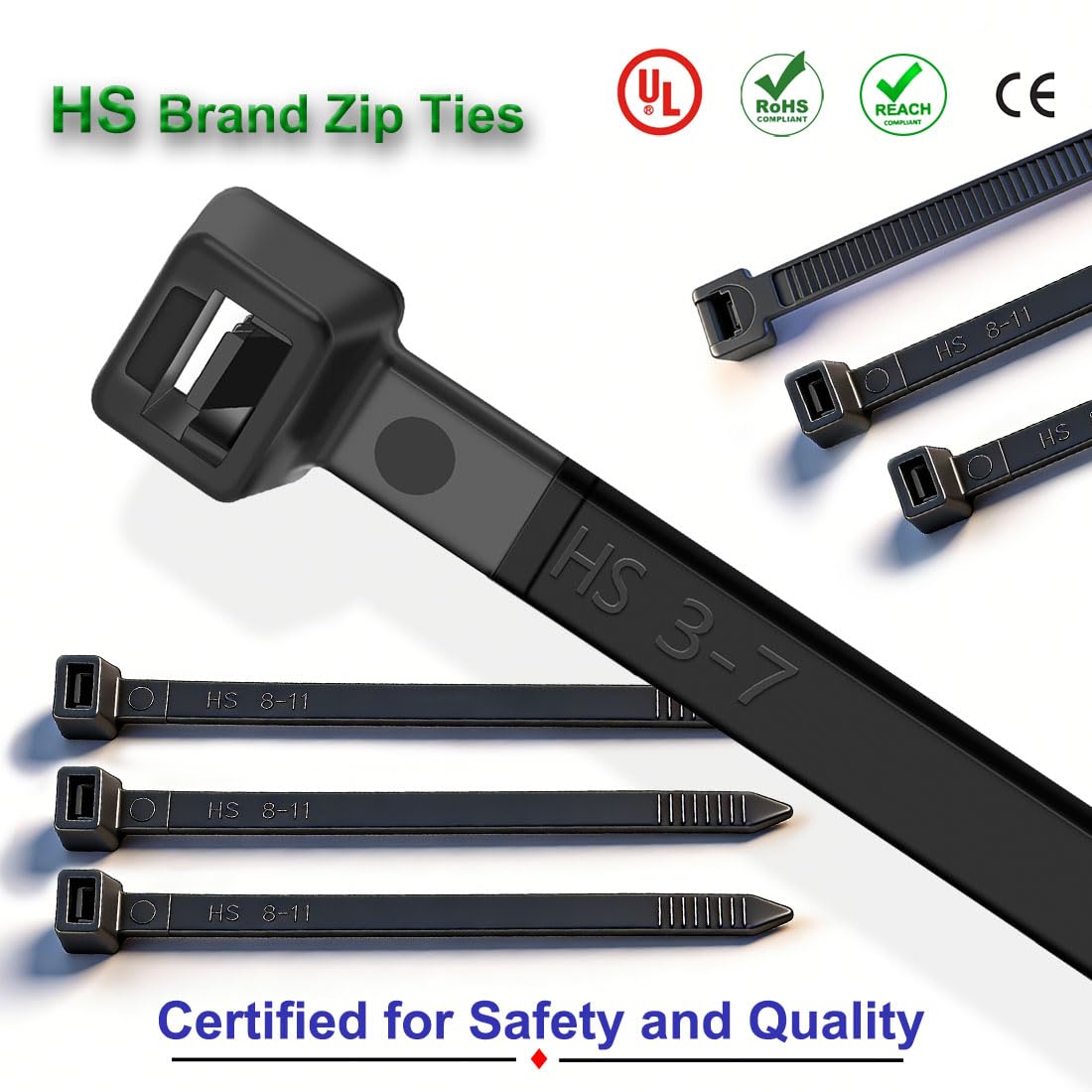 HS Durable Plastic Zip Ties 8 Inch (Bulk-1000 Pack) UV Black Cable Ties 40 Lbs Self-Locking Wire Ties Width 1/8 Inch,Outdoor Purpose