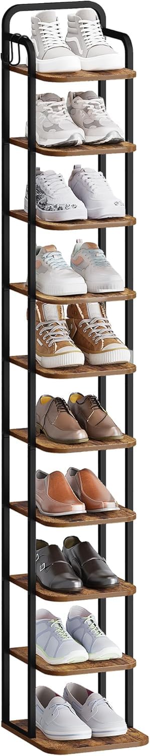 Hzuaneri 10 Tiers Vertical Shoe Rack, Narrow Shoe Tower, Tall Shoes Shelf with 2 Hooks, Adjustable Shelves, Corner Shoes Shelves for Small Spaces, Entryway, Living Room, Rustic Brown SR11201B