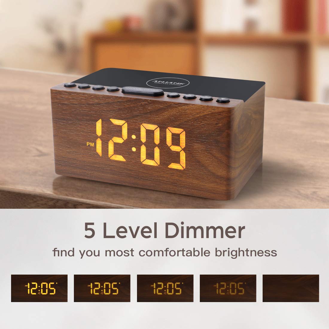 ANJANK Wooden Digital Alarm Clock FM Radio for Bedrooms,10W Fast Wireless Charger Station for iPhone/Samsung Galaxy, 5 Level Dimmer, USB Charging Port, 9 Wake up Sounds, Sleep Timer, Snooze, Bedside