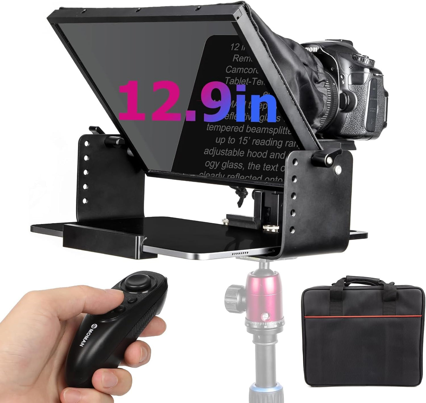 Moman Teleprompter, MT12 Metal Prompter Kit 12 inch for 12.9inch iPad Tablets with APP Remote Control for DSLR Camera Camcorder Smartphone Mobile, Tablet-Teleprompter-Autocue-Camera-Prompting