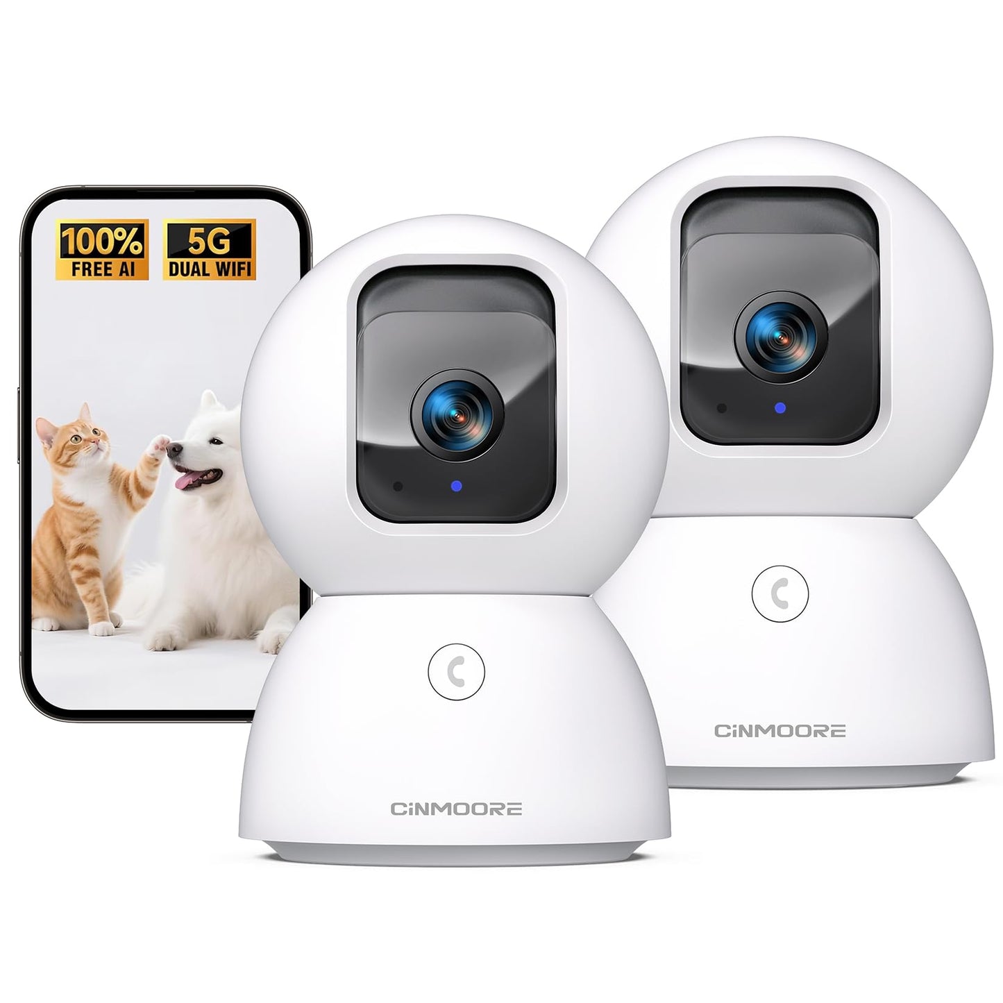 CINMOORE 5G Security Camera Indoor 2-Pack, No-Monthly-Fee AI Tracking Facial Recognition, 3K Pet/Dog Camera with Speaker/Phone App, PTZ WiFi Baby Monitor Cameras for Home Security, 0-Glow Night Vision