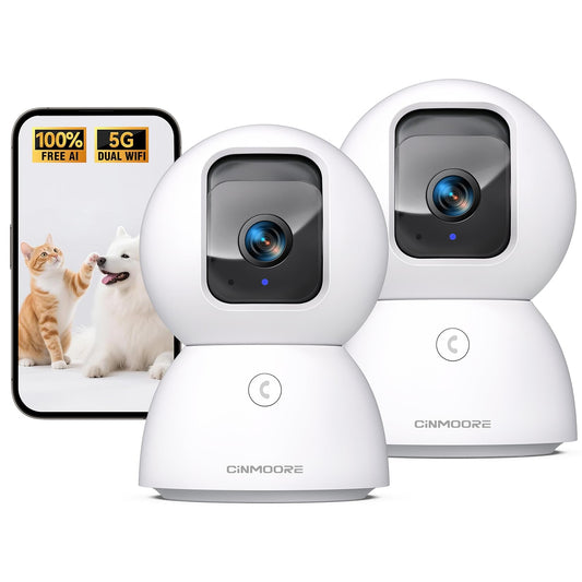 CINMOORE 5G Security Camera Indoor 2-Pack, No-Monthly-Fee AI Tracking Facial Recognition, 3K Pet/Dog Camera with Speaker/Phone App, PTZ WiFi Baby Monitor Cameras for Home Security, 0-Glow Night Vision