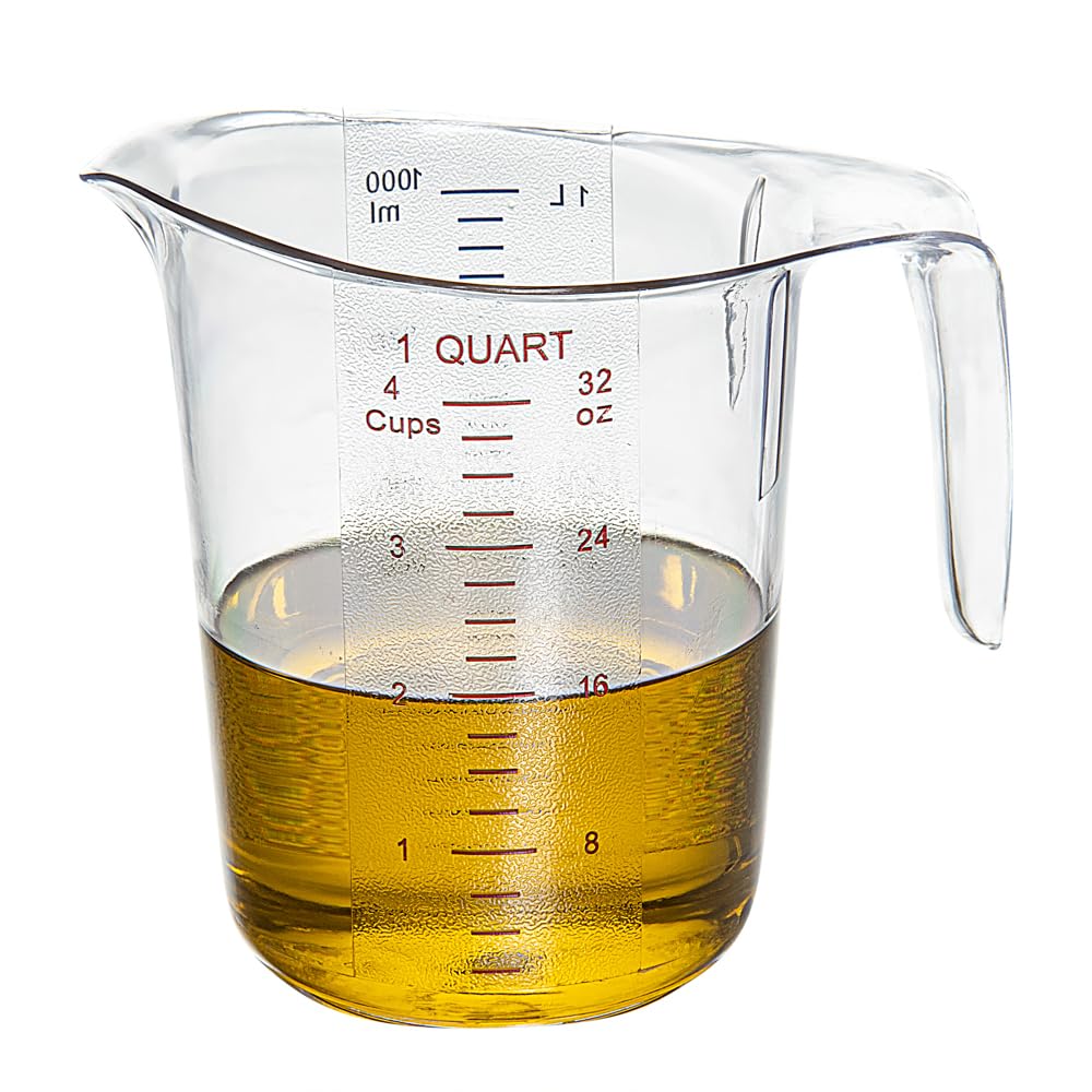 Restaurantware-Chef 101 1 Quart Measuring Jars, 10 Durable Measuring Beakers - Metric and Imperial Units, V-Shaped Spout, Clear Plastic Cups, Handle with Thumb-Grip, Tolerates Up to 248F
