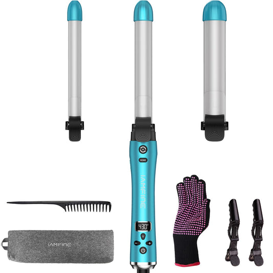 3 in 1 Auto Rotating Hair Curling Wand - IAMFINE Automatic Rotating Curling Iron with Interchangeable Ceramic Barrels(0.75", 1", 1.25"), Instant Heat Up Hair Curler, Adjustable Temp Hair Styling Tools for Beach Waves