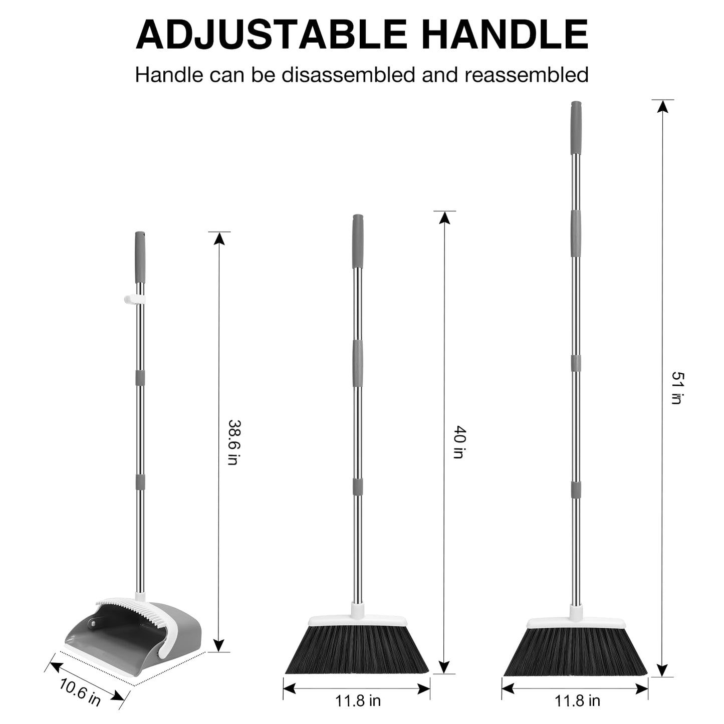 NACENA Broom and Dustpan Set, 52-in Long Adjustable Handle Broom Dustpan Combo with Dustpan Teeth to Automatically Clean Hair Suitable for Home Kitchen Office Hall Floor(Grey&White)