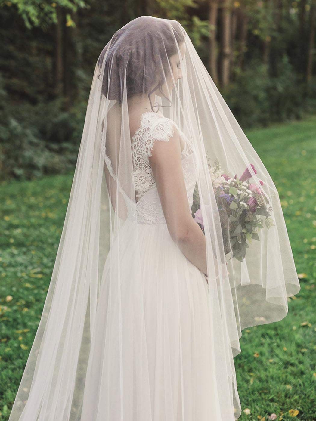 HEREAD 2 Tiers Bridal Wedding Veil Long Cathedral Length Bride Tulle Veils Hair Accessoies with Comb and Cute Edge (Ivory)