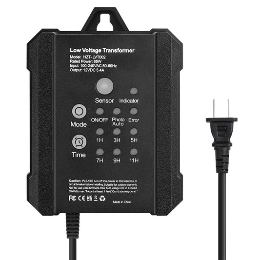 65W Low Voltage Landscape Transformer, RWUSNX Outdoor Landscape Lighting Transformer with Timer and Photocell Sensor, 120V AC to 12V DC Weatherproof for Spotlight, Garden Light, Pathway Light