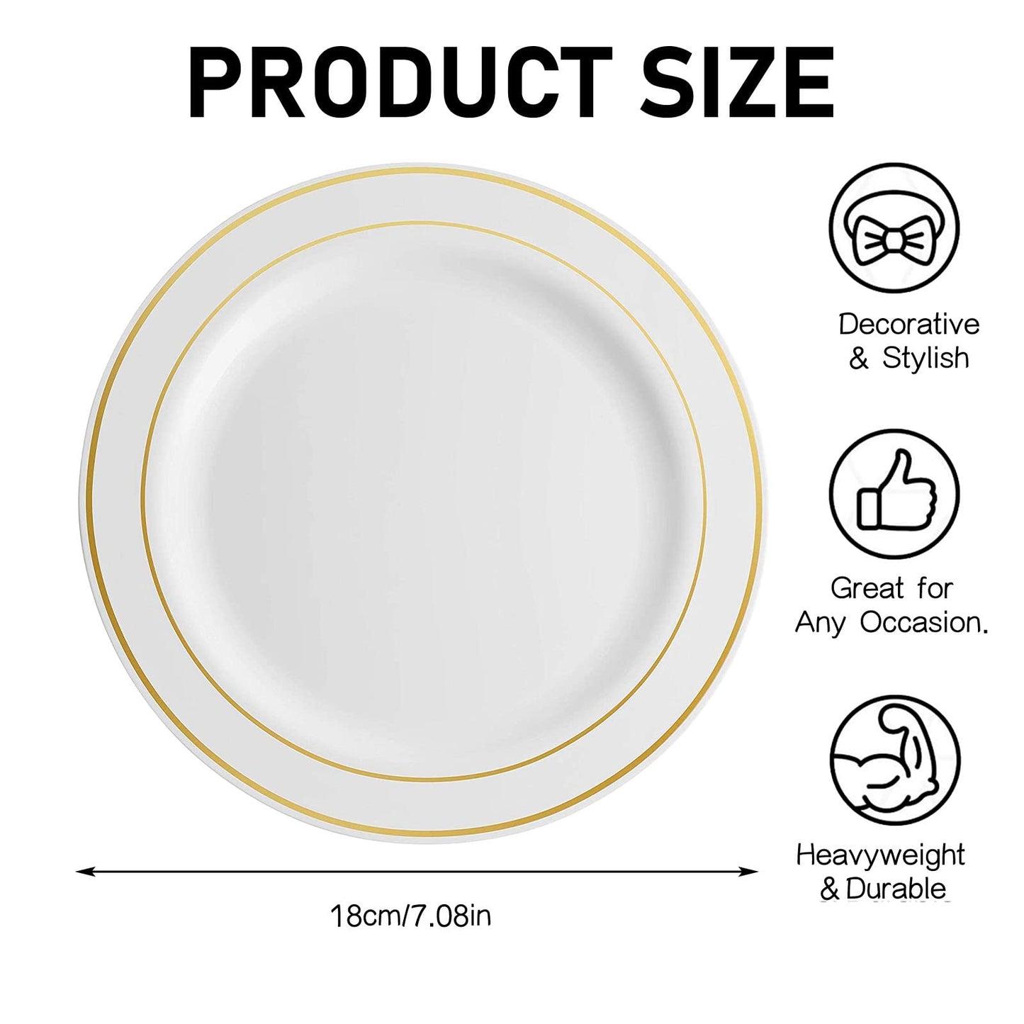 50 Piece Gold Round Plastic Plates, Premium Gold Trim Disposable Plastic Salad/Dessert Plates Ideal for Weddings and Parties (7.5 Inch)