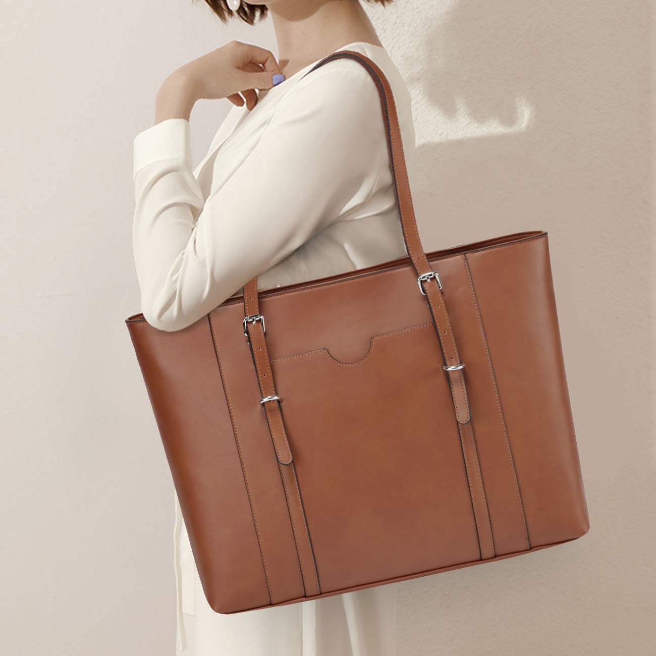 Laptop Tote Bag for Women, VASCHY PU Leather Water Resistant 15.6 inch Satchel, Large Teacher Shoulder Bag for Travel, Work Brown