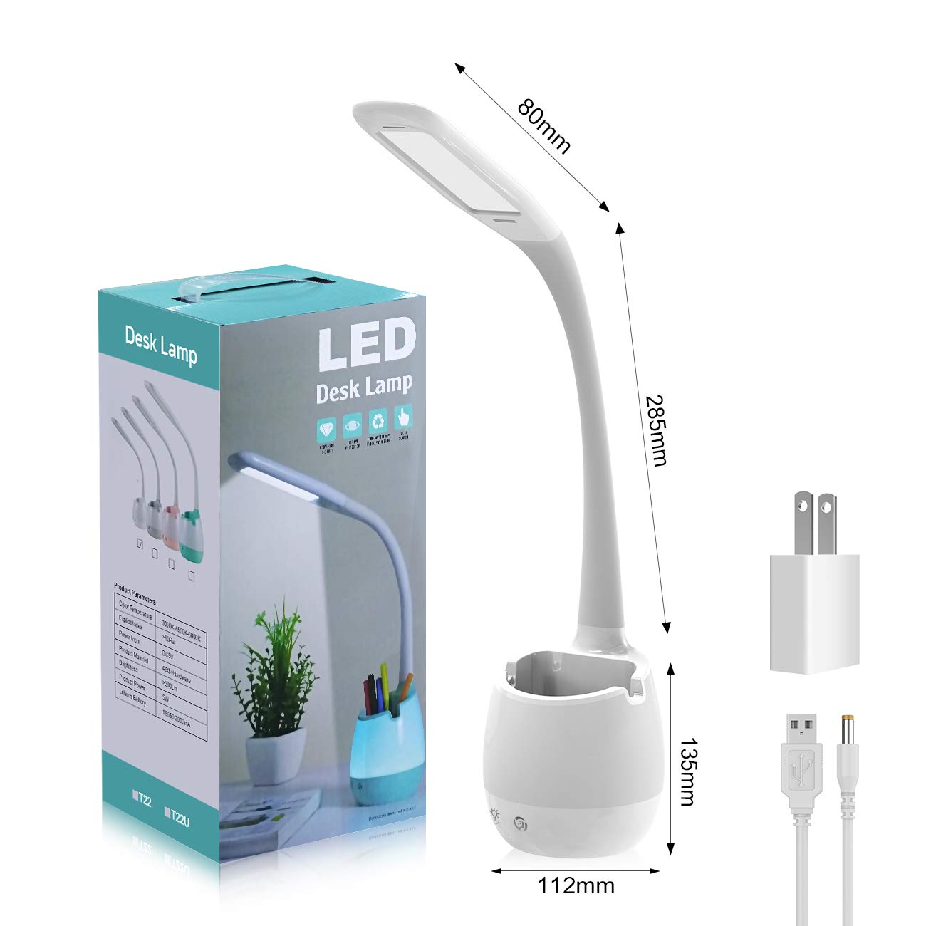 Rechargeable LED Desk Lamp with Pen Holder, ERAY Dimmable Flexible Gooseneck Bedside Table Lamp with Color Night Light, Eye-Caring Kids Pupil Student Reading Study Light for Home Office（White)