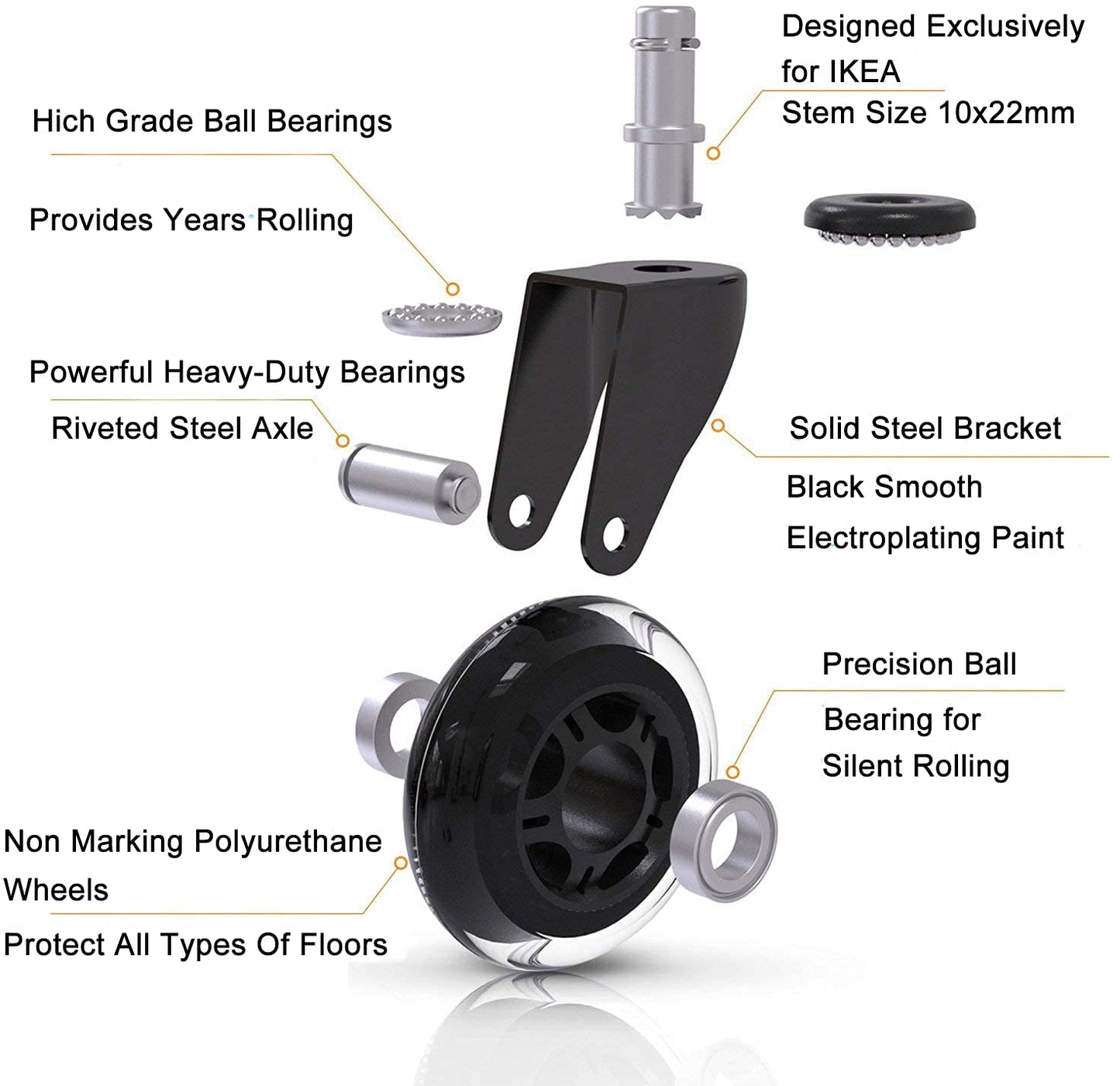 Office Chair Wheels for IKEA Chairs,10mm stem Caster, 3 Inch Heavy Duty Replacement Rubber Chair Casters, Quiet & Smooth Rolling for IKEA Casters, Protection for Hardwood Floors or Carpet