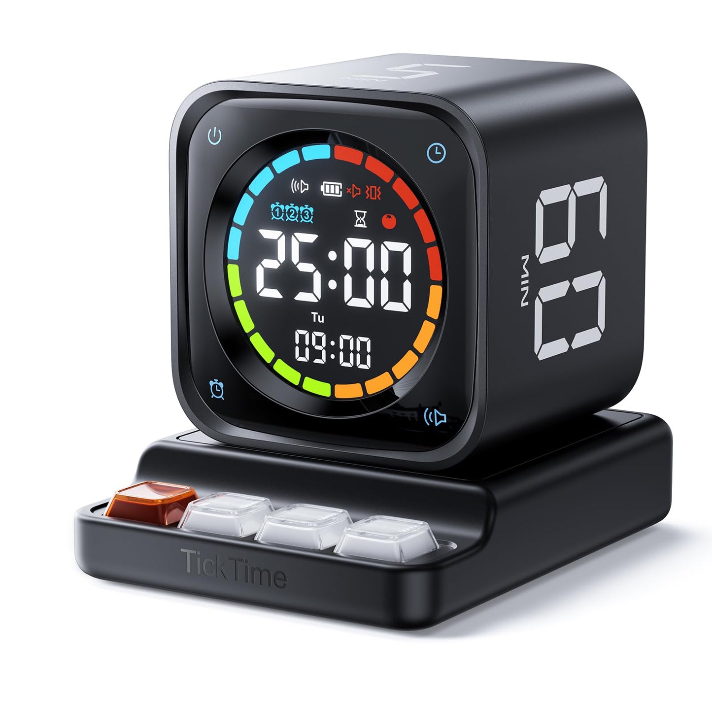 Ticktime TK3 Pomodoro Timer Cube, Desk Productivity Timer with 5/10/30/60 Min Presets, Custom Countdown, Stopwatch, Clock, 3 Alarm, Silent, Vibrate & Sound Alert, for Task, ADHD, Study, Kitchen, Black