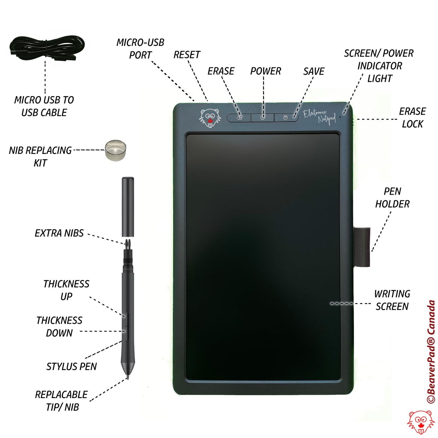 BeaverPadⓇ LCD Writing Pad/Drawing Board (Ewriter) and Graphics Tablet with Memory, Save and Bluetooth Function (Grey)