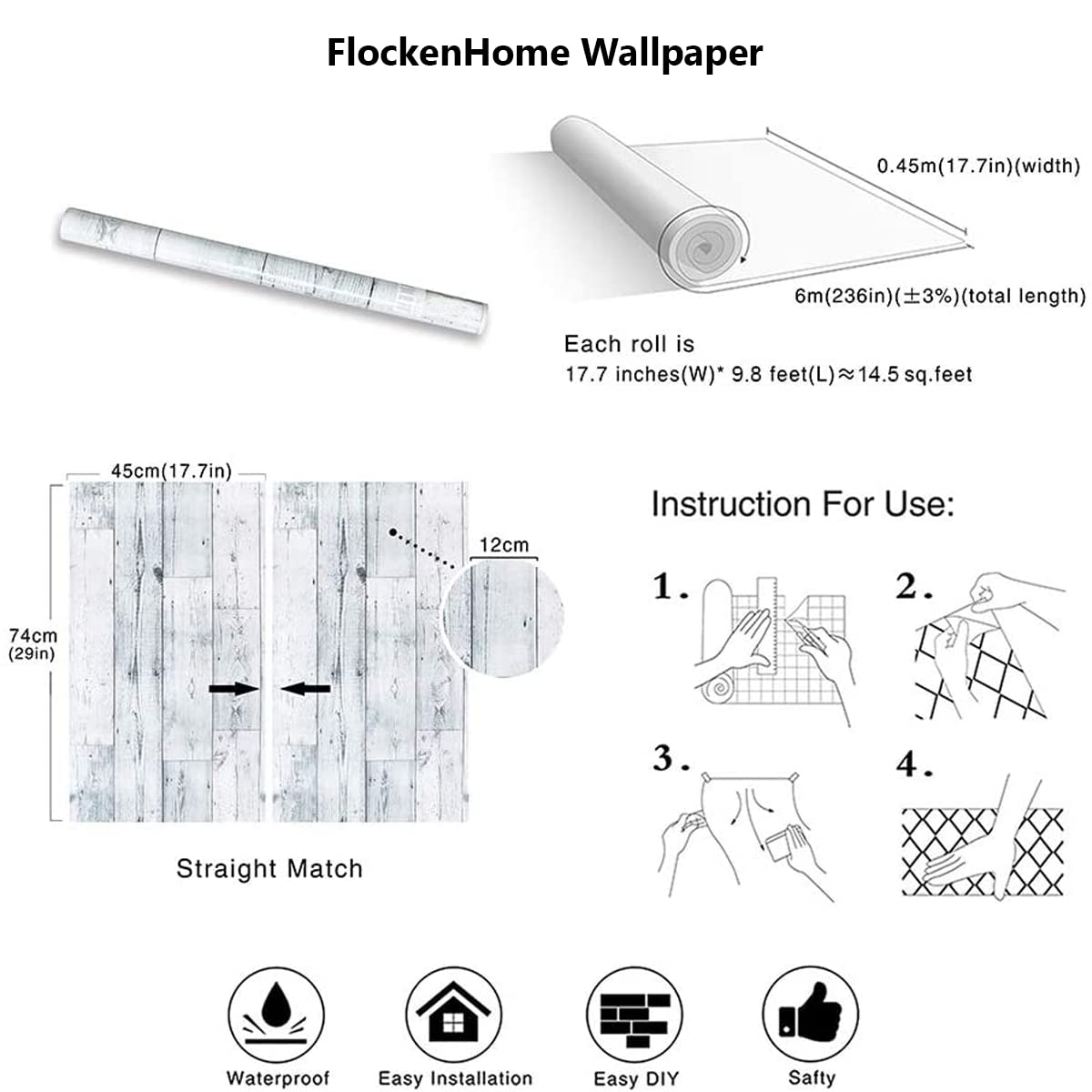 FlockenHome 17.7"x 472" Peel and Stick Wallpaper Self-Adhesive Shiplap Light Grey/White Distressed Wood Plank Removable repasted Decorative