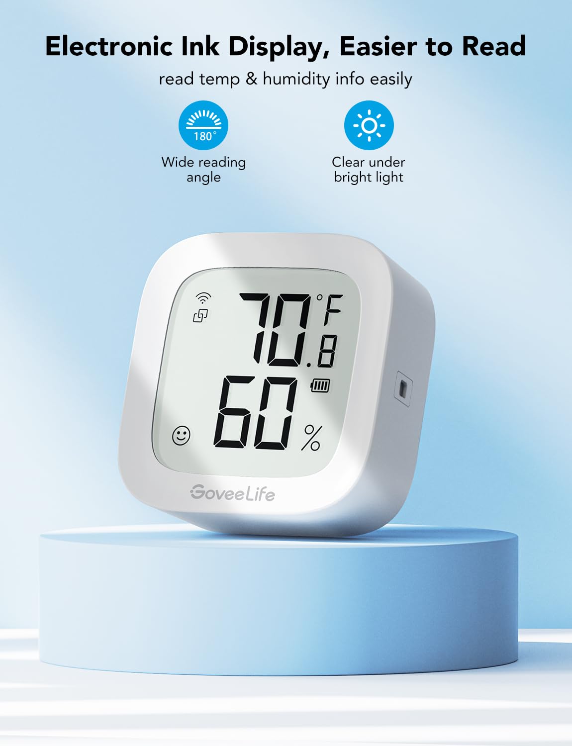 GoveeLife WiFi Thermometer Hygrometer H5103, Indoor Bluetooth Temperature Humidity Sensor with Electronic Ink Display, App Notification Alert, Free Data Storage Export, Digital Remote Monitor for Bedroom