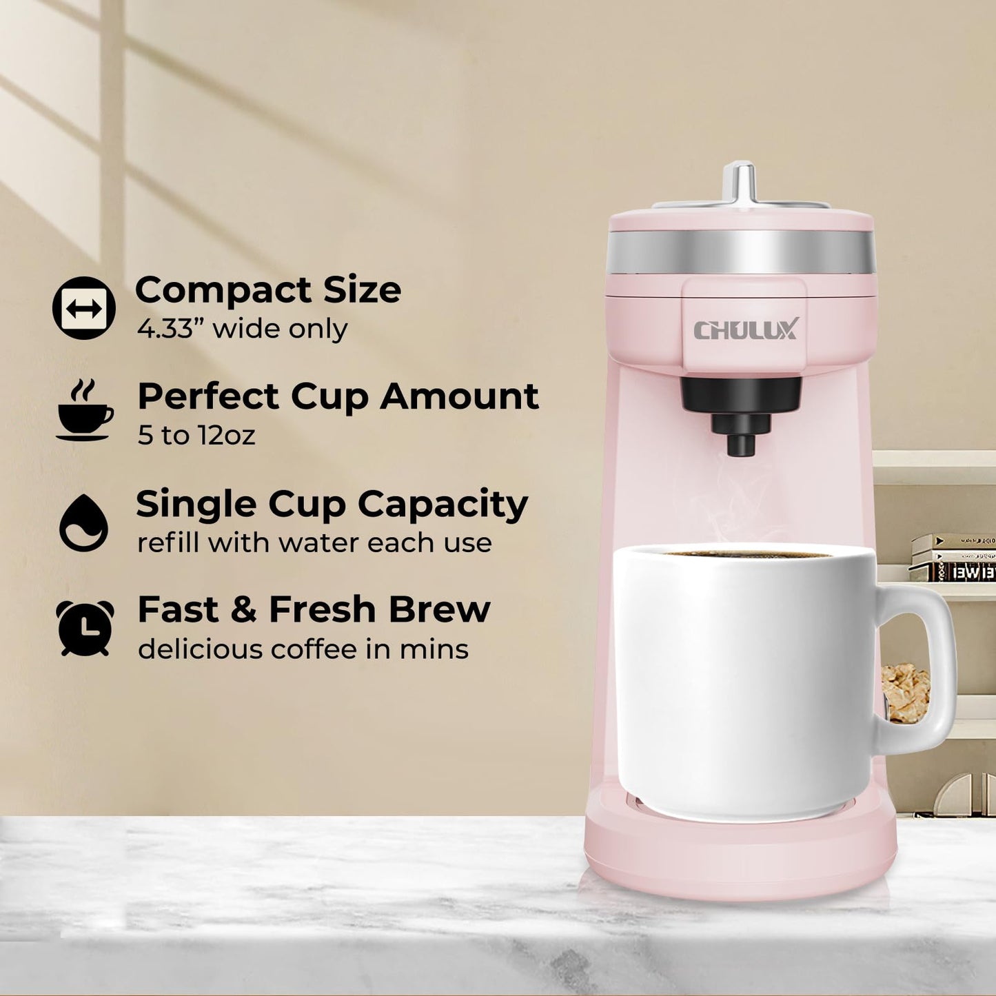 CHULUX Single Serve Coffee Maker, K Cup Coffee Machine for Single Cup Capsule with 12 Ounce Reservoir, Pink