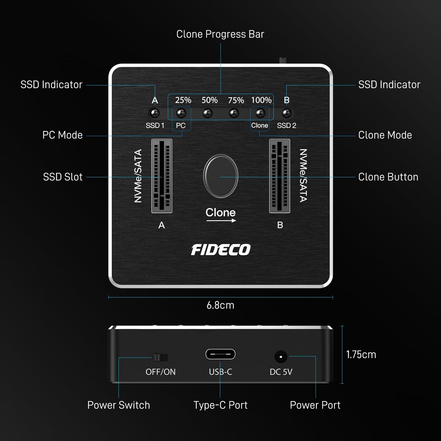 FIDECO M.2 NVMe SATA SSD Cloner Dock, USB 3.2 Gen 2 X 2, 20Gbps Dual NVMe SATA SSD Enclosure, M.2 Duplicator Cloner, Support Offline Clone, UASP and Trim, Aluminum Design