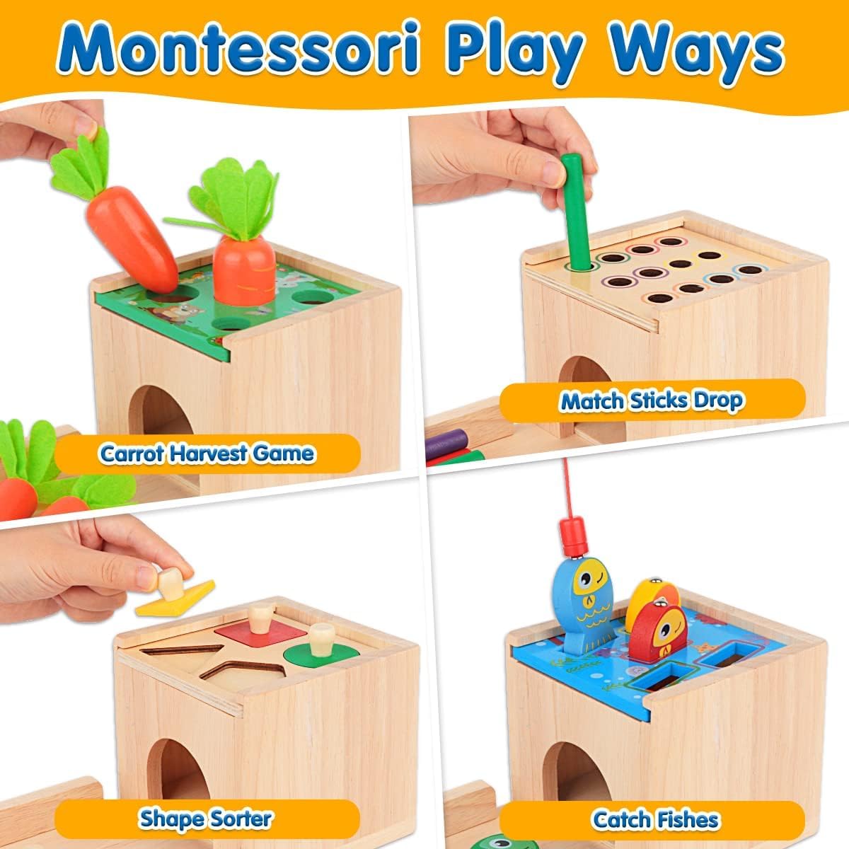 Montessori Toys for 1 2 3 Year Old: 5 in 1 Wooden Toys Kit Includes Object Permanence Box with Ball Drop Toy Shape Sorter & Other Educational Toys for Babies 6-12 Months