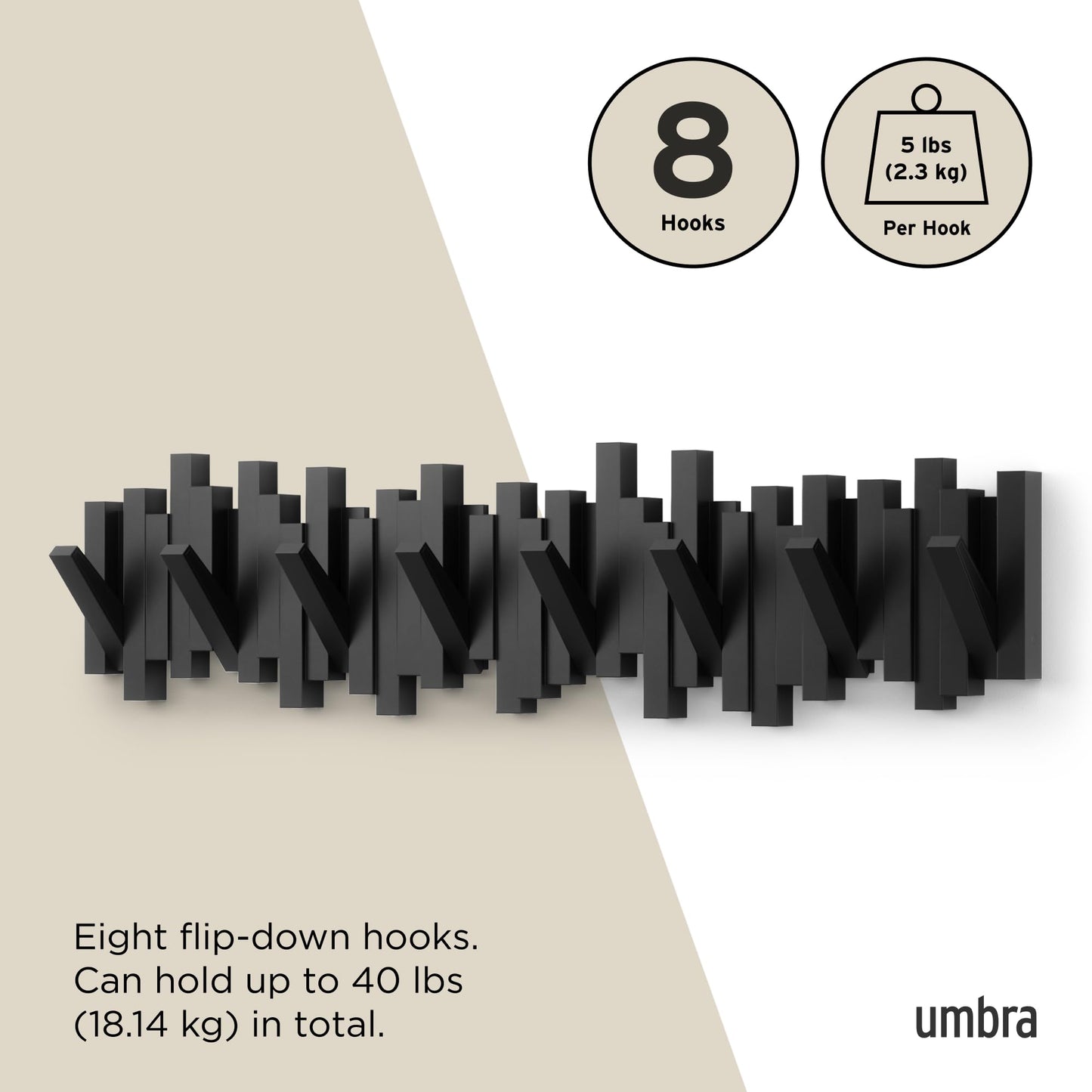 Umbra Sticks Wall-Mounted Coat Rack Rail Hook with 8 Retractable Pegs – Modern, Space-Saving Storage Organizer, Black