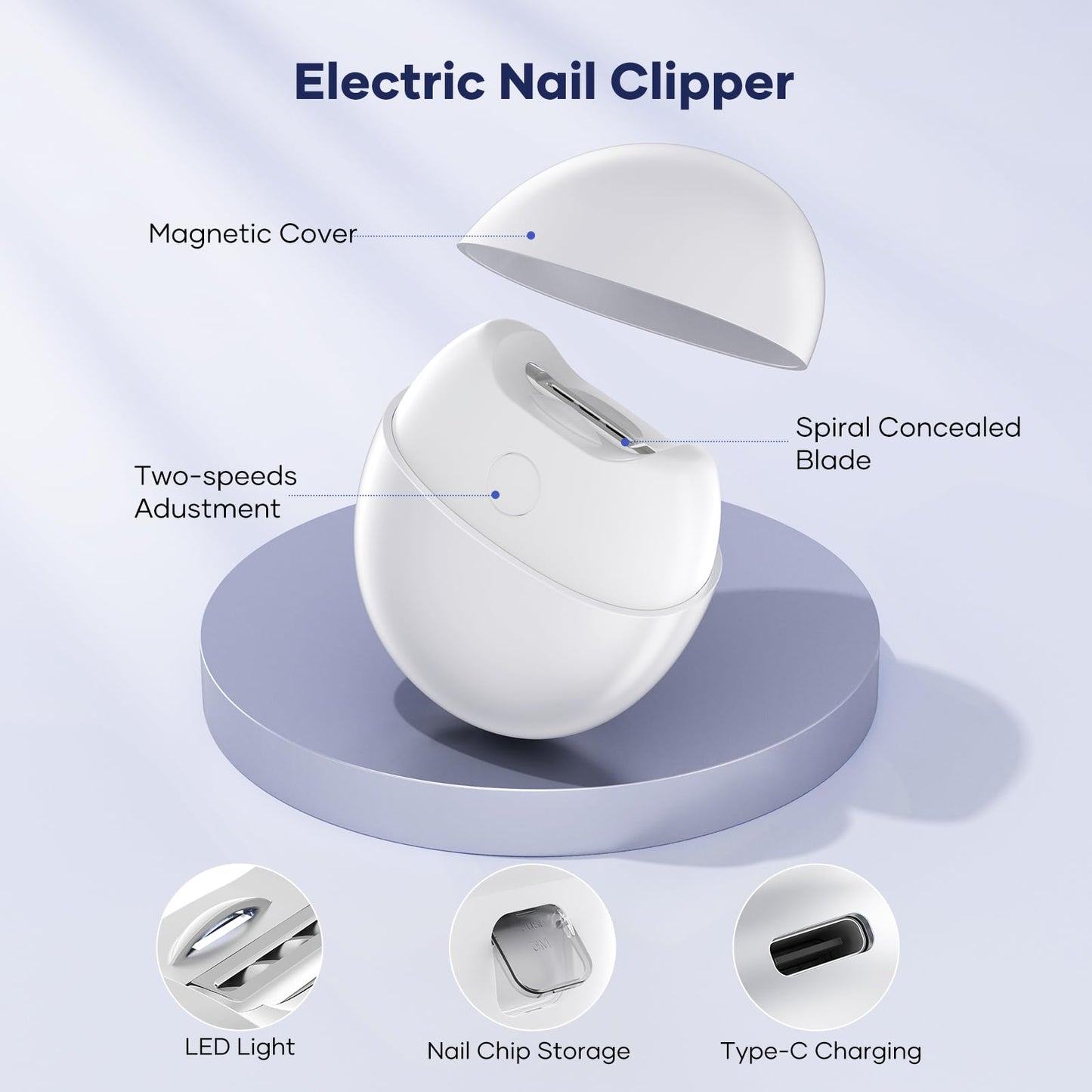 Electric Nail Clipper with USB Charging: Automatic Nail Clippers with Led Light - USB Rechargeable Safety Fingernail Trimmer for Baby Seniors Kids Adults (White, Medium)