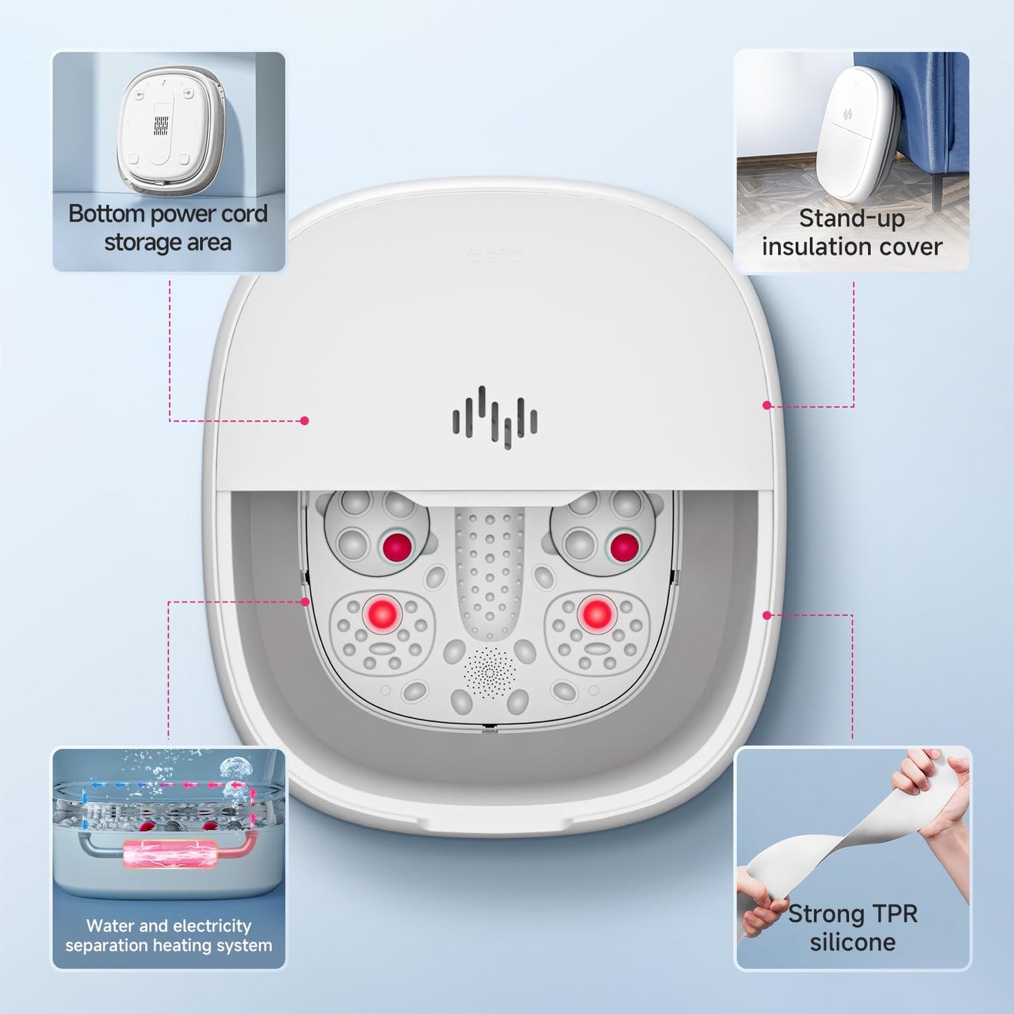 Collapsible Foot Spa Massage with Water and Electricity Separation System,Foot Bath with Three Level Temperature Control,Bubble,Remote,Red Light,Timer,and Four Set Electric Massage Balls