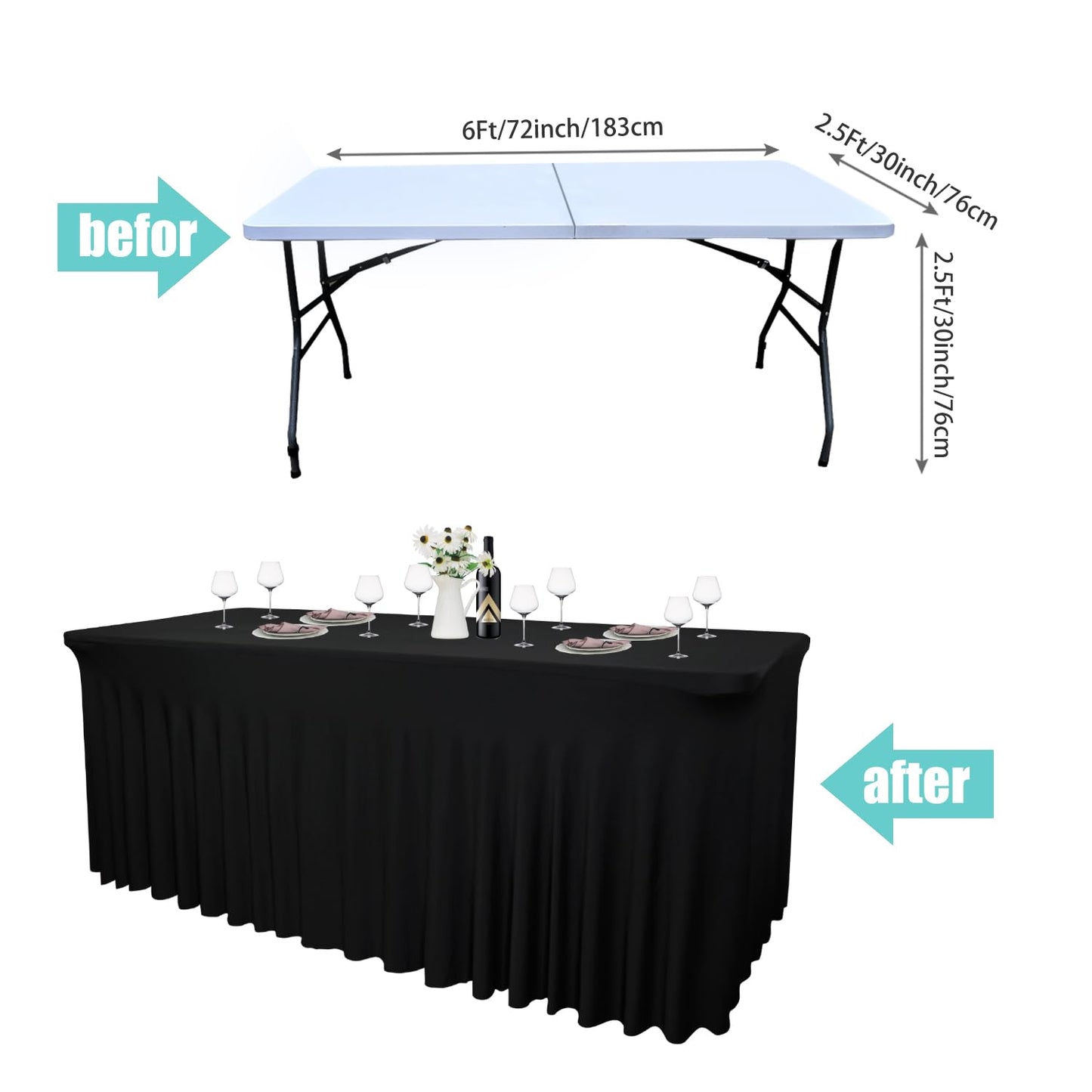 2 Pack 72''Lx30''Wx30''H Black Table Skirt for 6 Foot Rectangle Tables|Stretch Spandex Fitted Table Clothes|with Skirt Washable Wrinkle Resistant Table Skirt|for Party, Banquet, Birthday