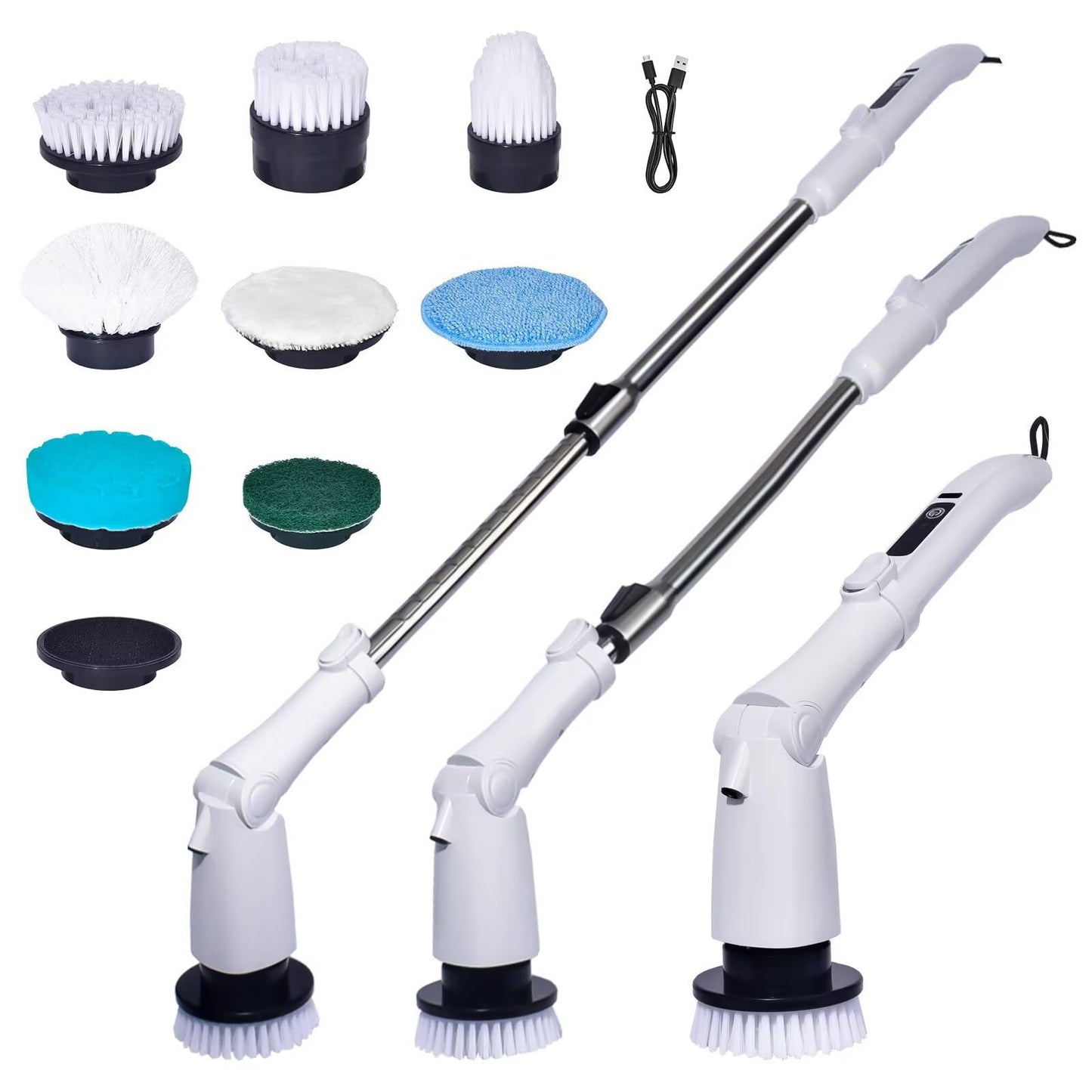 Y-Kelin Electric Spin Scrubber，2025 New LED Monitor Electric Cleaning Brush Scrubber,Power Scrubber 3 Adjustable Speeds,Detachable Long Handle, Shower Cleaning Brush for Bathtub,Floor (White)