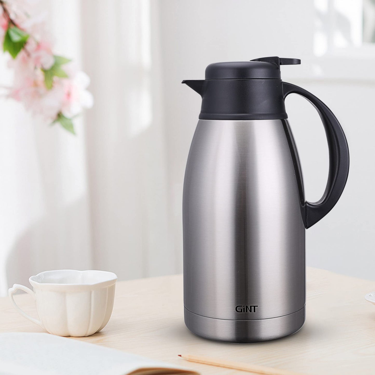 GiNT 1.9 L / 65 Oz Thermal Coffee Carafe, Insulated Stainless Steel Double Walled Vacuum Water and Beverage Dispenser, 12 Hour Heat Retention, Silver