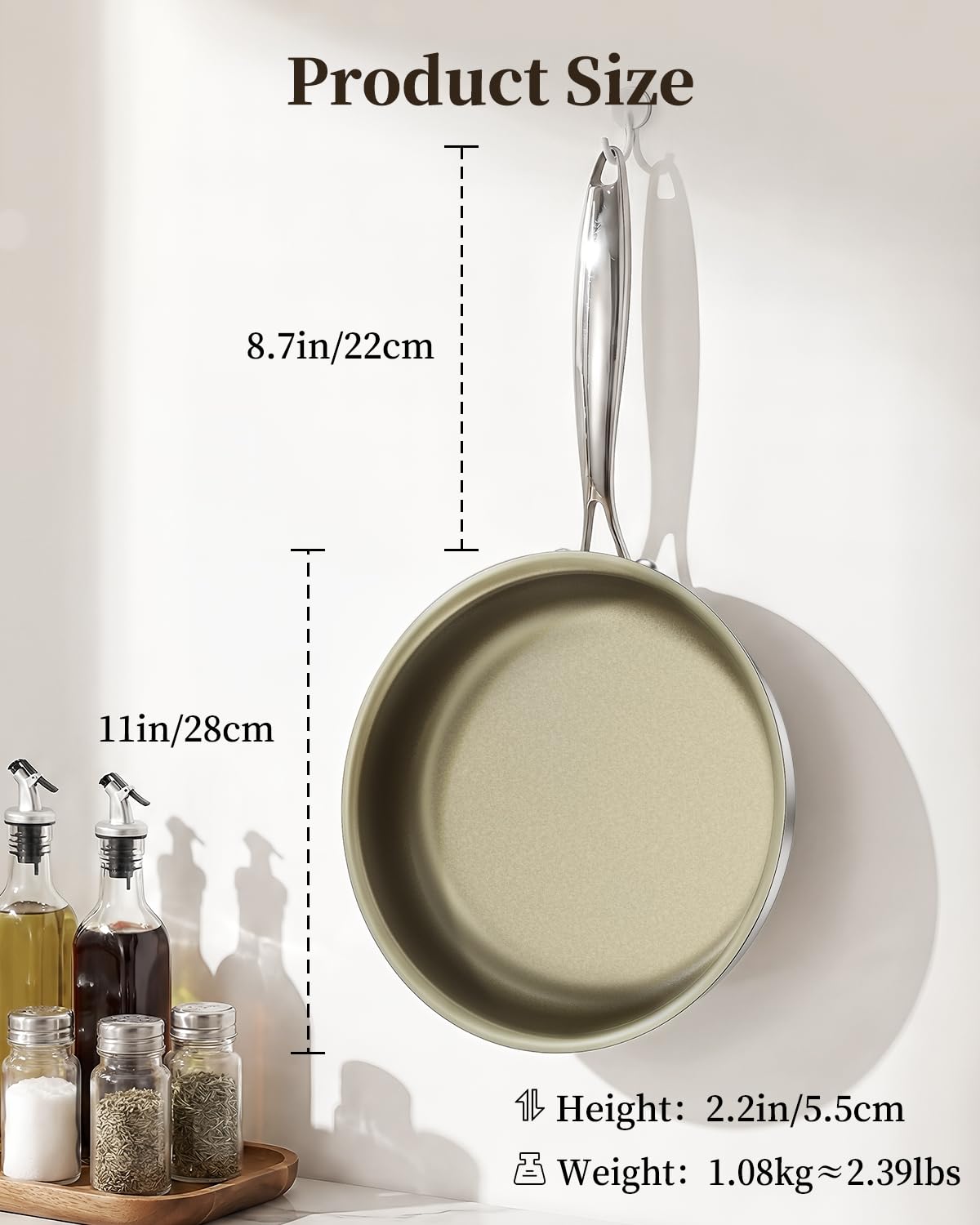 ABIJAN 11inch Stainless Steel Pan, Non Stick Frying pan, 3-Ply Titanium pan, Induction Cooking pan, Compatible with All Cooktops, Oven Safe, PFOA/PFAS/PTFE Free, Brown