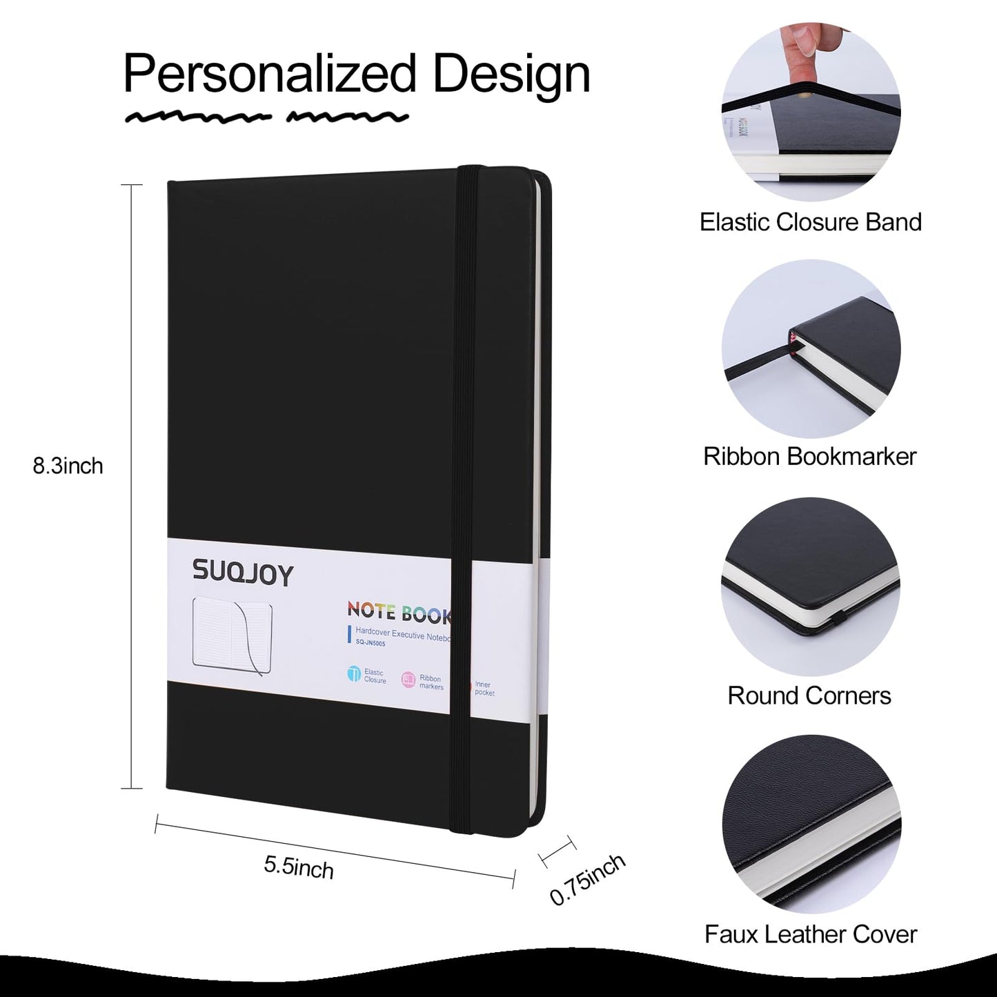SUQJOY Lined Journal Notebooks for Writing, 100 GSM Thick Paper, 8 Pack Hardcover Notebooks, A5 College Ruled Notebook, Journaling Notebook for School/Travel/Office (Black- 8 Pack)