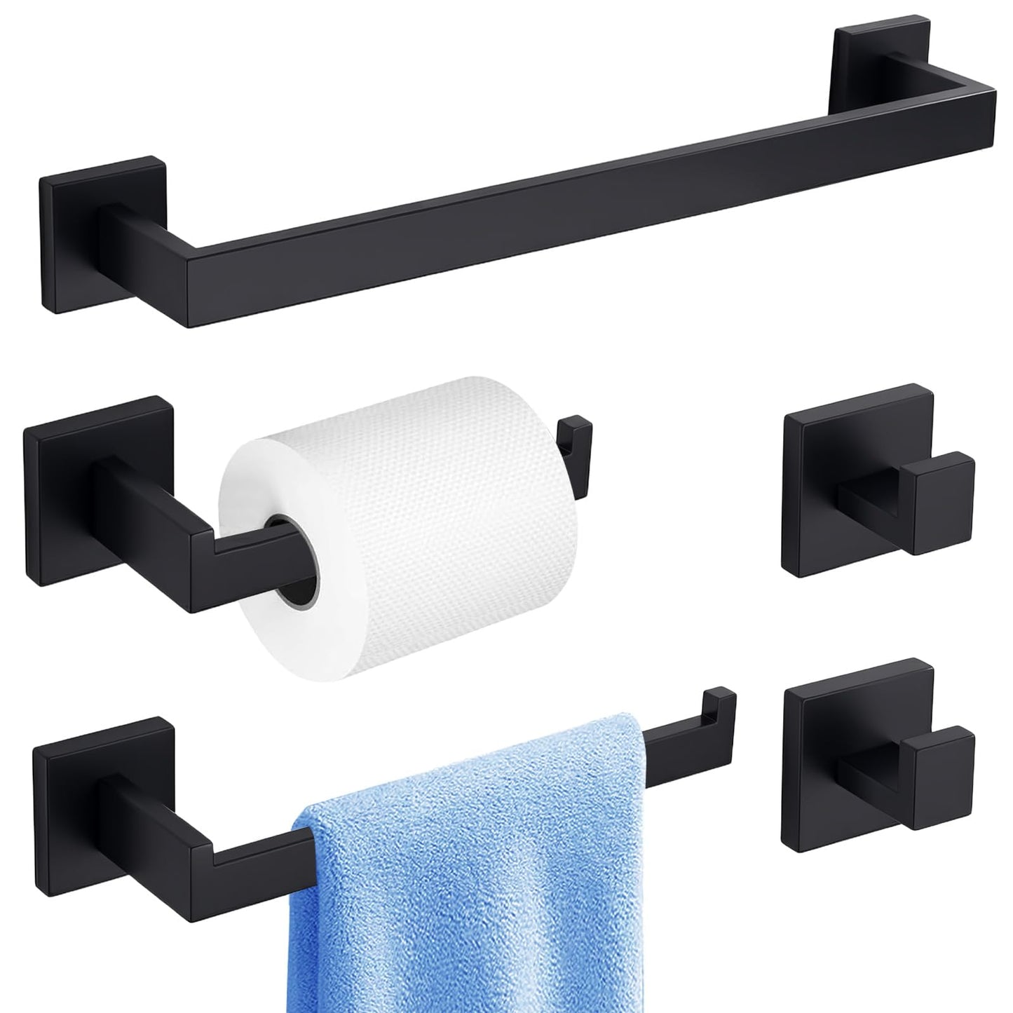 5-Piece Black Bathroom Hardware Accessories Set - 60cm/24inch Towel Bar, Toilet Paper Holder, 27cm Hand Towel Holder, 2 Wall Hooks, SUS304 Stainless Steel Bath Towel Bars Set, Screw-in Towel Racks Set