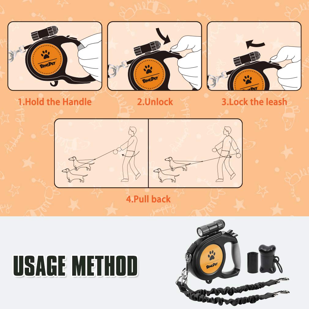 BINGPET Dual Retractable Dog Leash for Dogs Walking,26ft Heavy Duty Double Dog Leash for Two Dogs with LED Flashlight,Poop Bags,Reflective Elastic Rope,360° Tangle-Free,Up to 110 lbs / 50 kg