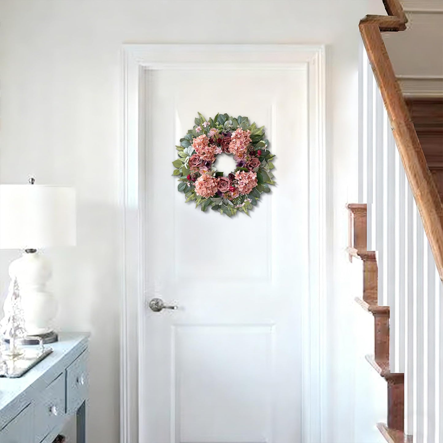 WANNA-CUL 24 Inch Spring Hydrangea Wreaths for Front Door,Spring Door Wreath with Rustic Pink Rose and Peony Flower for Wedding or Mothers Day Wreath Decor